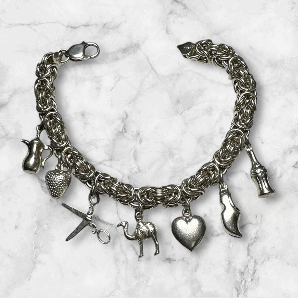 Vintage Sterling Silver Byzantine Bracelet with Charms: Soda, Shoe, Heart, Camel