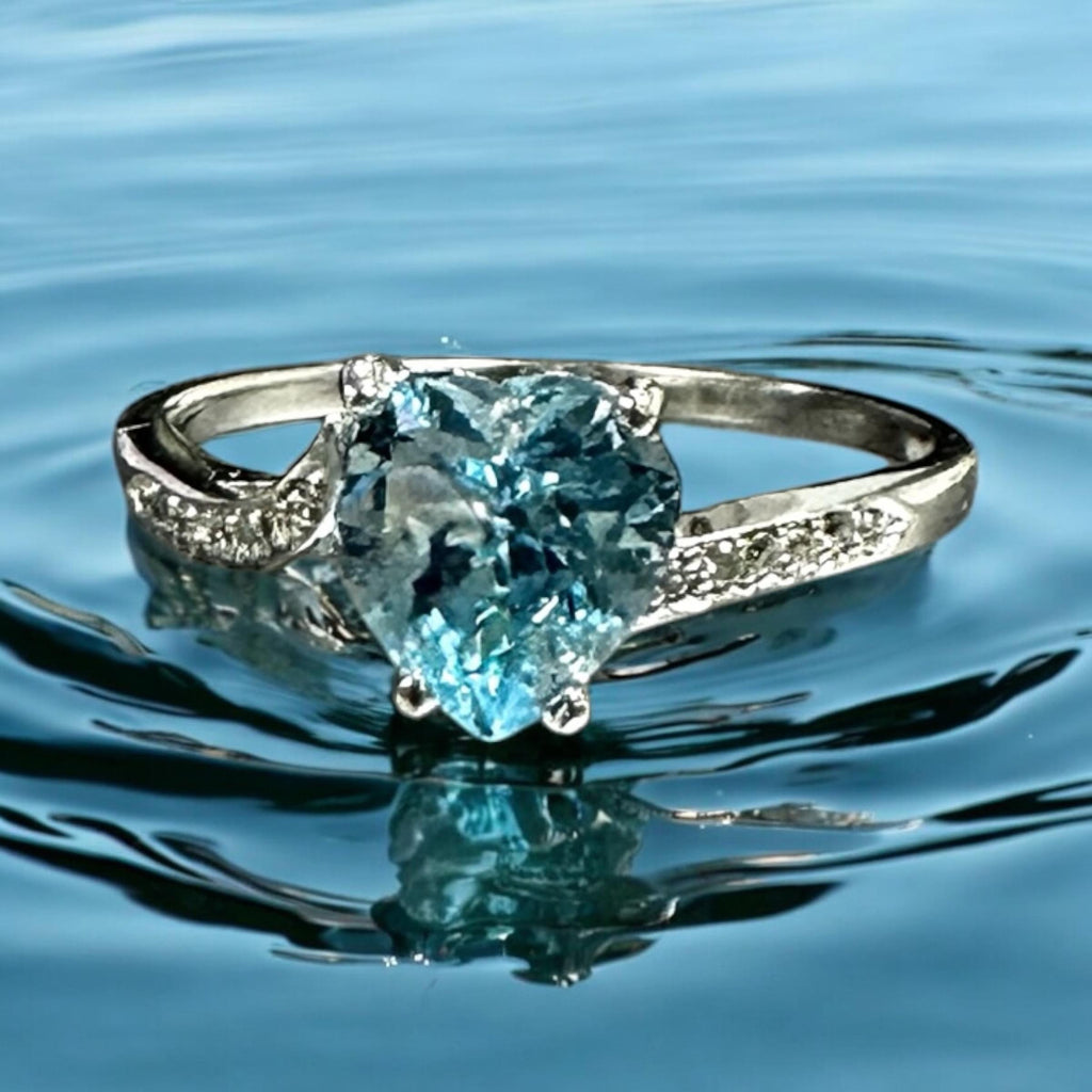 14K White Gold Heart Blue Topaz Ring with Diamond Accents