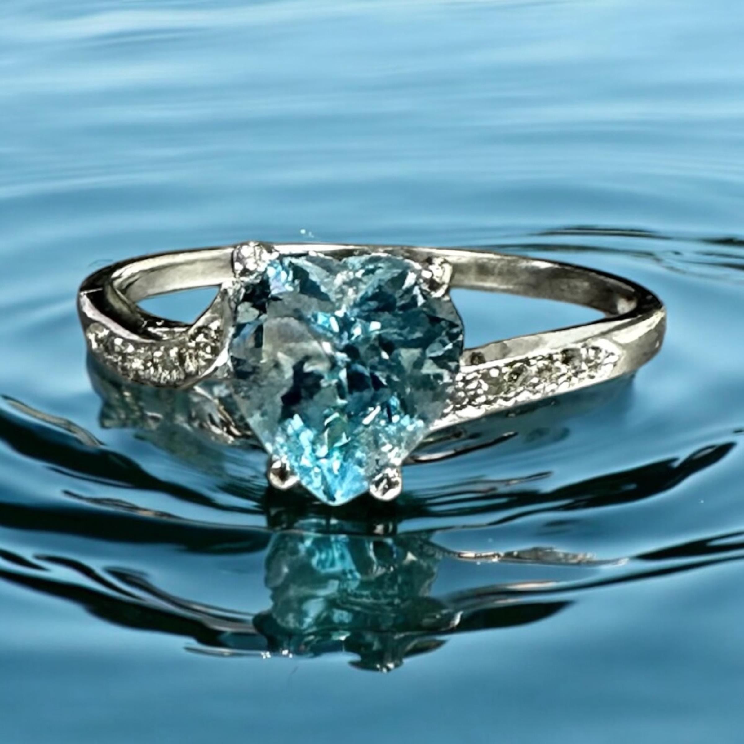 14K White Gold Heart Blue Topaz Ring with Diamond Accents