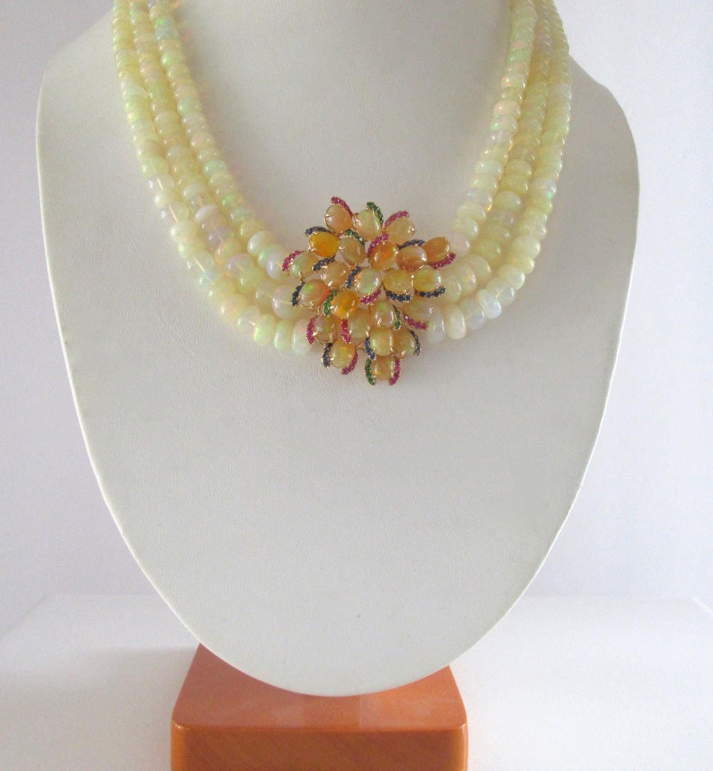 Triple Strand Opal Necklace: Sapphire, Ruby, Emerald & Diamond Clasp