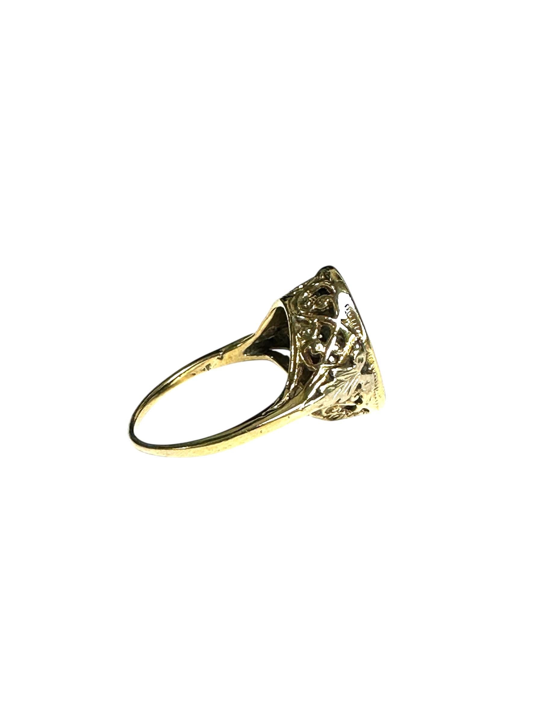 14K Gold Filigree Ring: Vintage Black Onyx Bezel