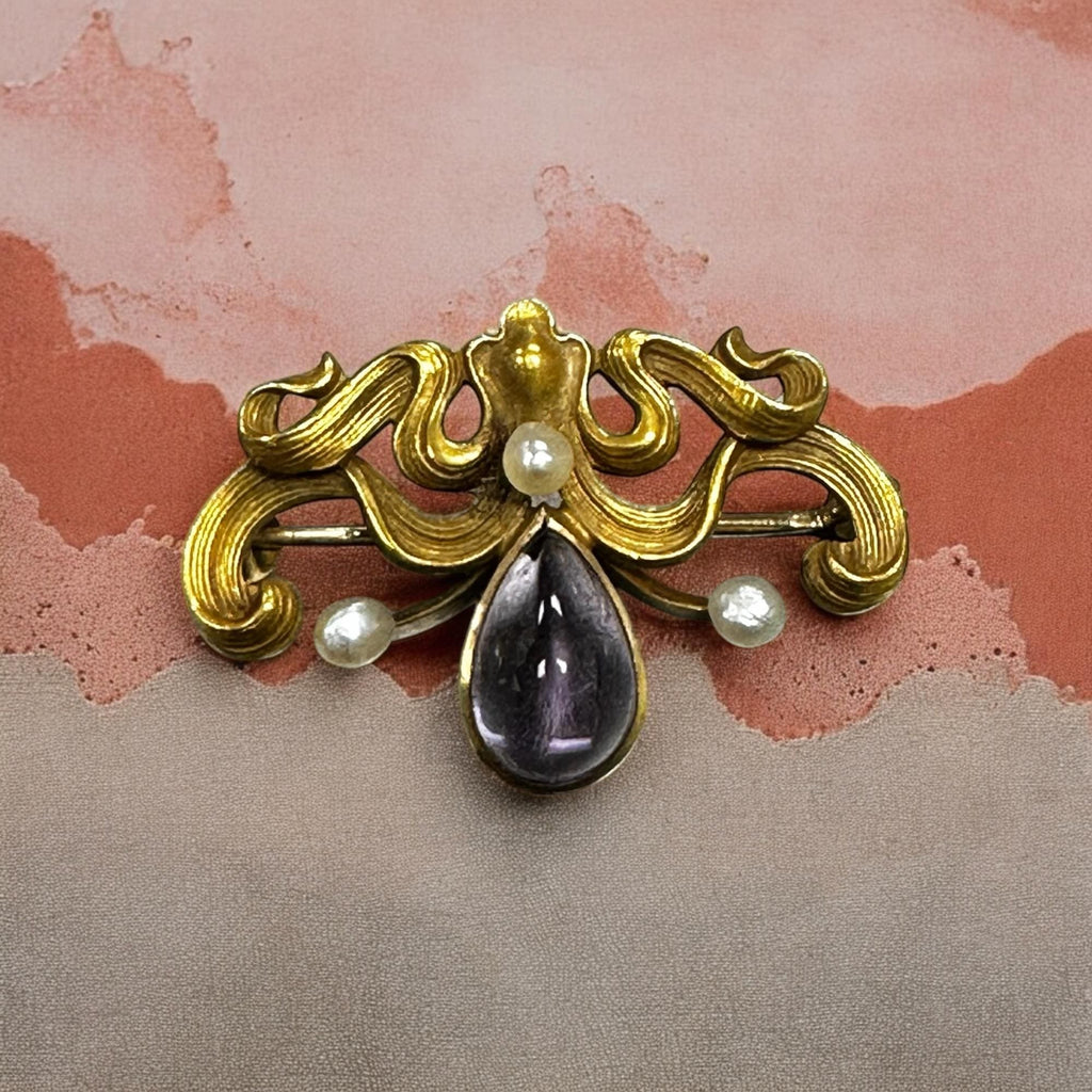Art Nouveau Amethyst Pearl Brooch, 14K Yellow Gold Pin