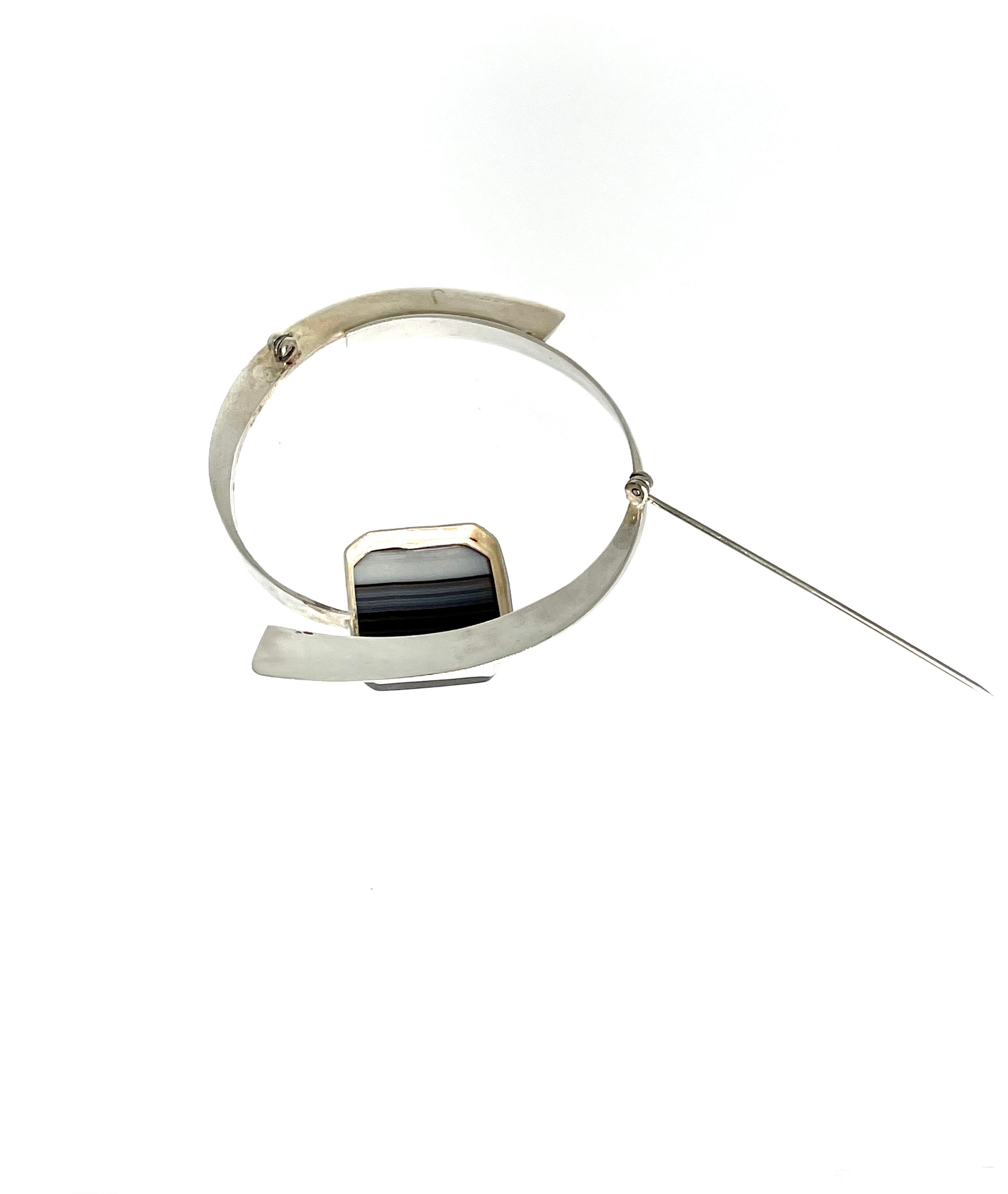 Vintage Banded Agate Brooch: Signed Sterling Silver Pin