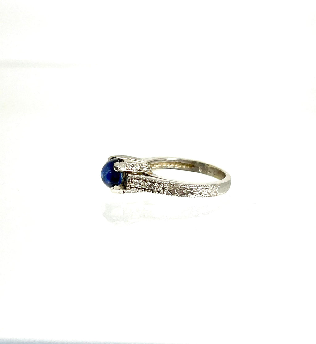 Vintage 14K White Gold Cabochon Sapphire and Diamond Ring