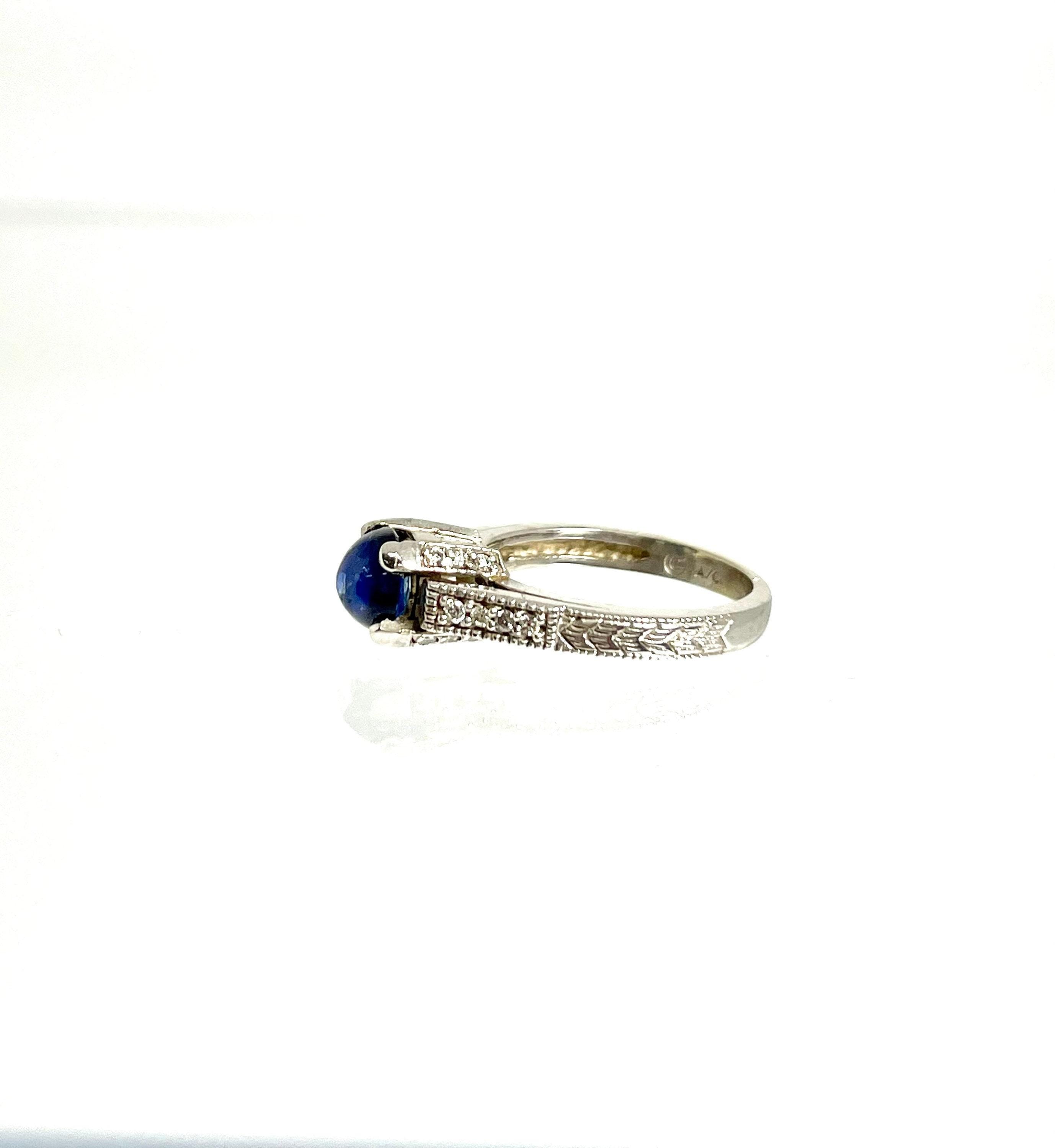 Vintage 14K White Gold Cabochon Sapphire and Diamond Ring