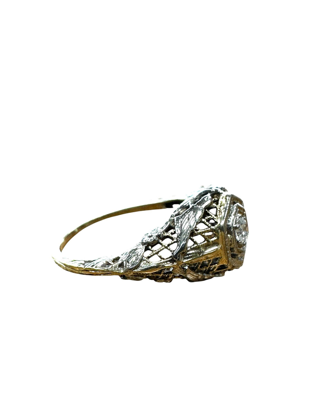 Edwardian 18 Karat White Gold Diamond Filigree Ring with Love Birds