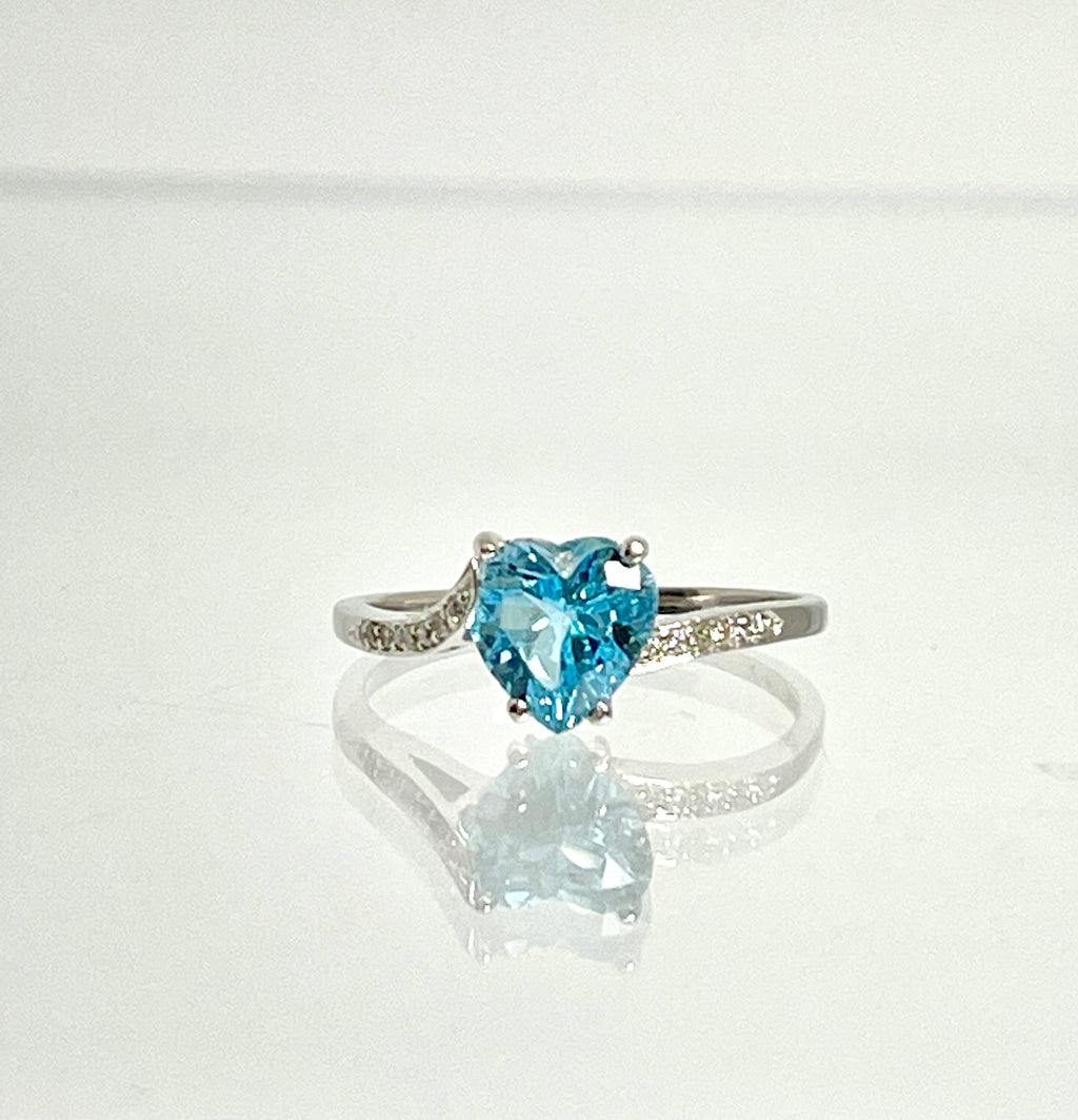 14K White Gold Heart Blue Topaz Ring with Diamond Accents