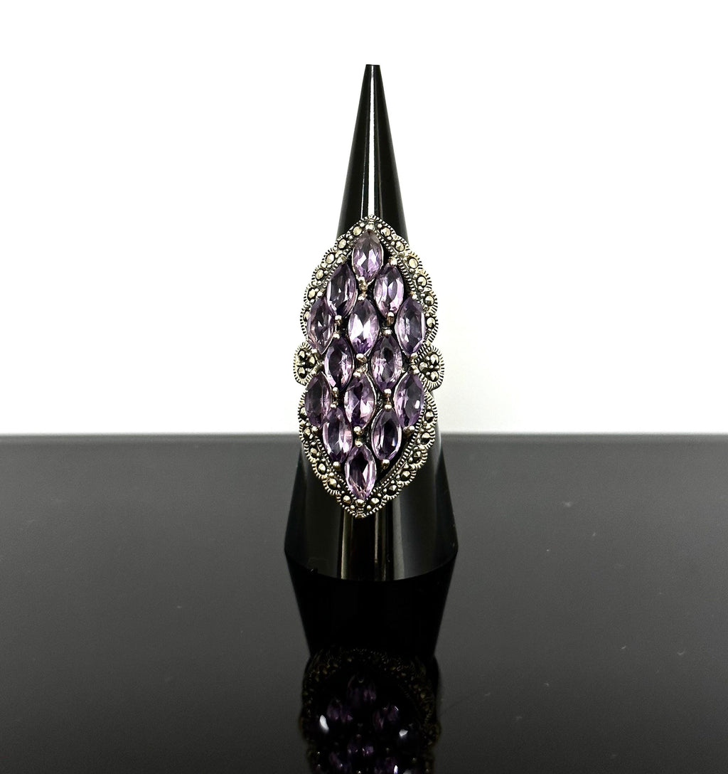 Sterling Silver Amethyst Marcasite Ring - Statement Ring Size 7.5