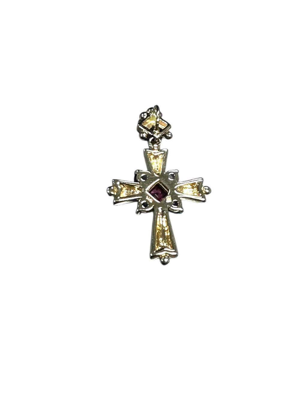 Vintage 14K Yellow Gold Cross Pendant: Pink Tourmaline, Tanzanite & Diamond