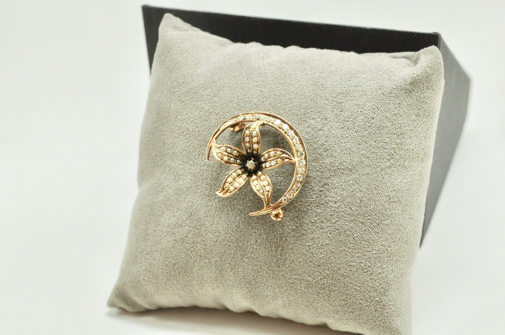 Antique Diamond & Pearl Crescent Star Pin: Victorian 14k Gold