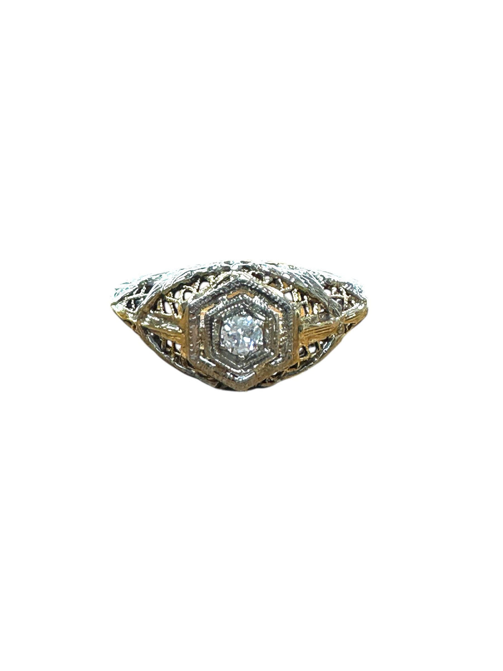 Edwardian 18 Karat White Gold Diamond Filigree Ring with Love Birds