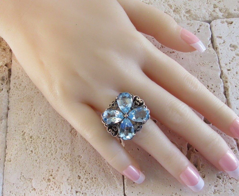 Sterling Silver Blue Topaz Ring, Blue Topaz Ring, Filigree Blue Topaz Ring, Silver Filigree Ring, Statement Ring, Sterling Statement Ring