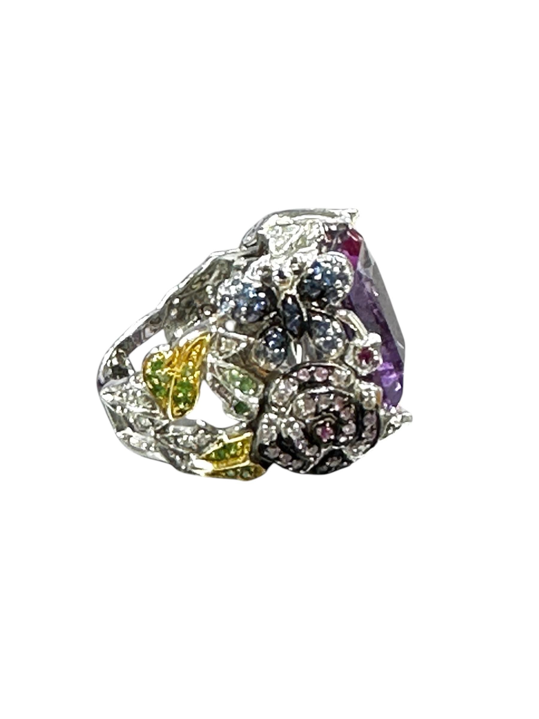 18K White Gold Amethyst Cocktail Ring: Sapphire, Ruby, Diamond Butterfly Flower Ring