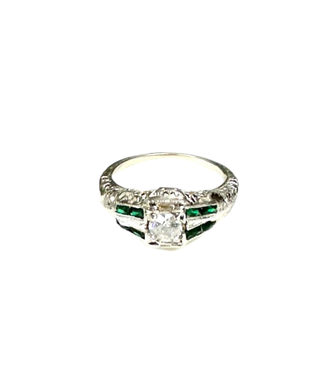 White Gold Diamond and Synthetic Emerald Filigree Engagement Ring