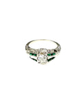 White Gold Diamond and Synthetic Emerald Filigree Engagement Ring