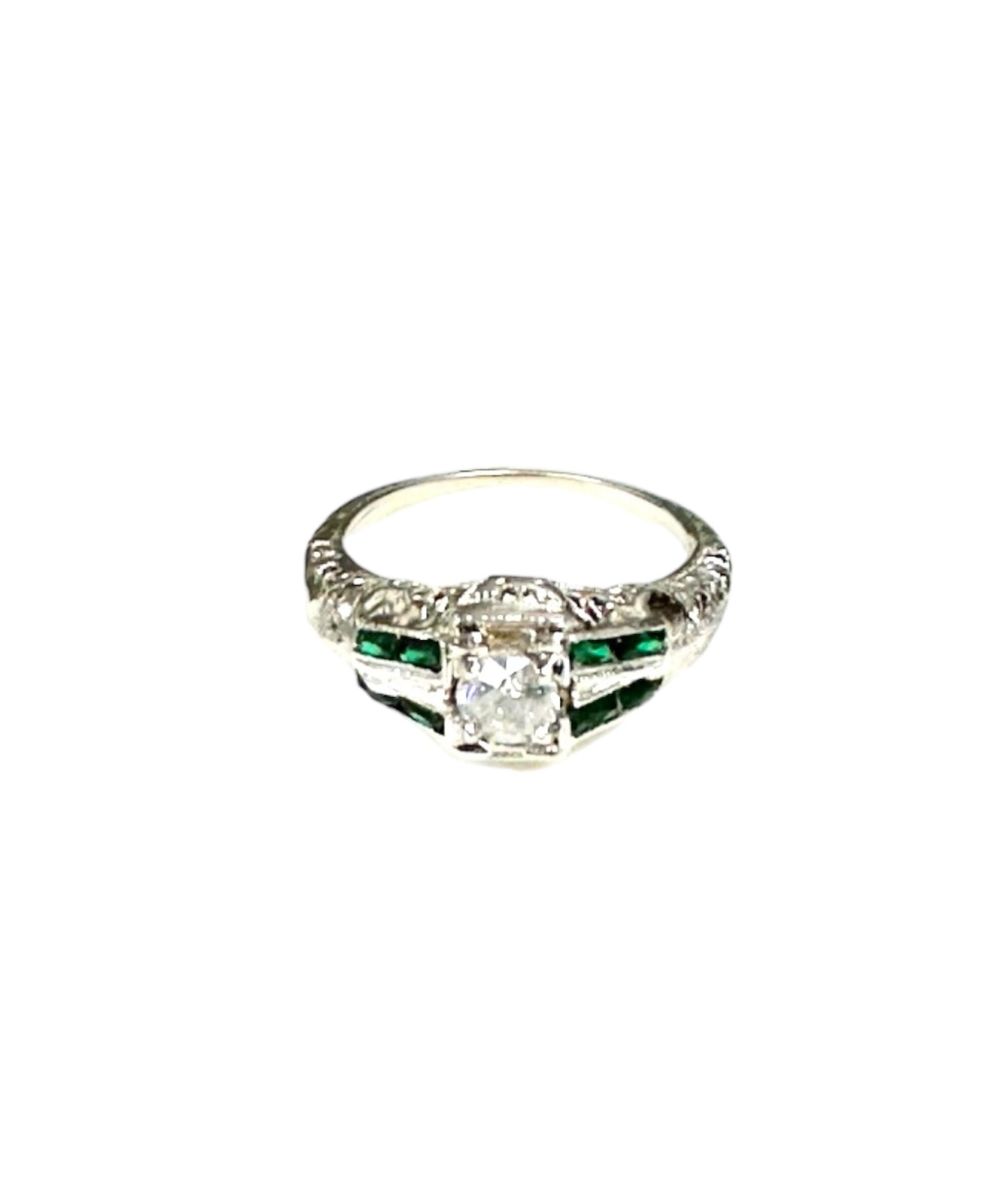 White Gold Diamond and Synthetic Emerald Filigree Engagement Ring