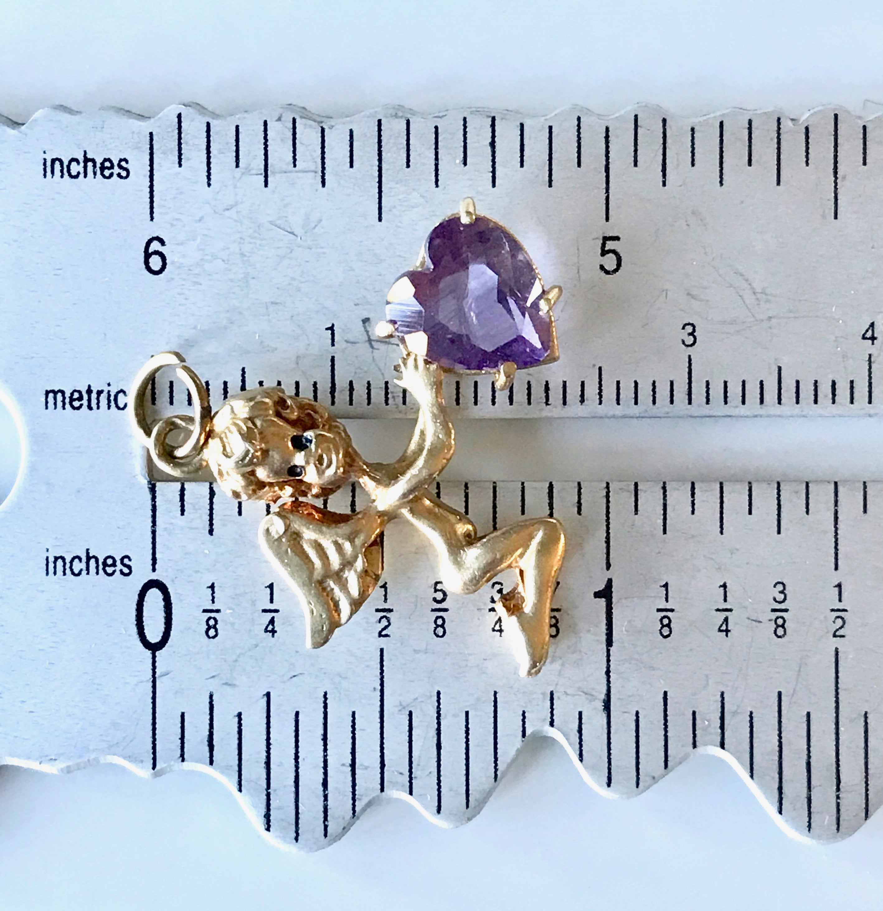 14k Yellow Gold Angel Pendant: Vintage Amethyst Heart, February Birthstone