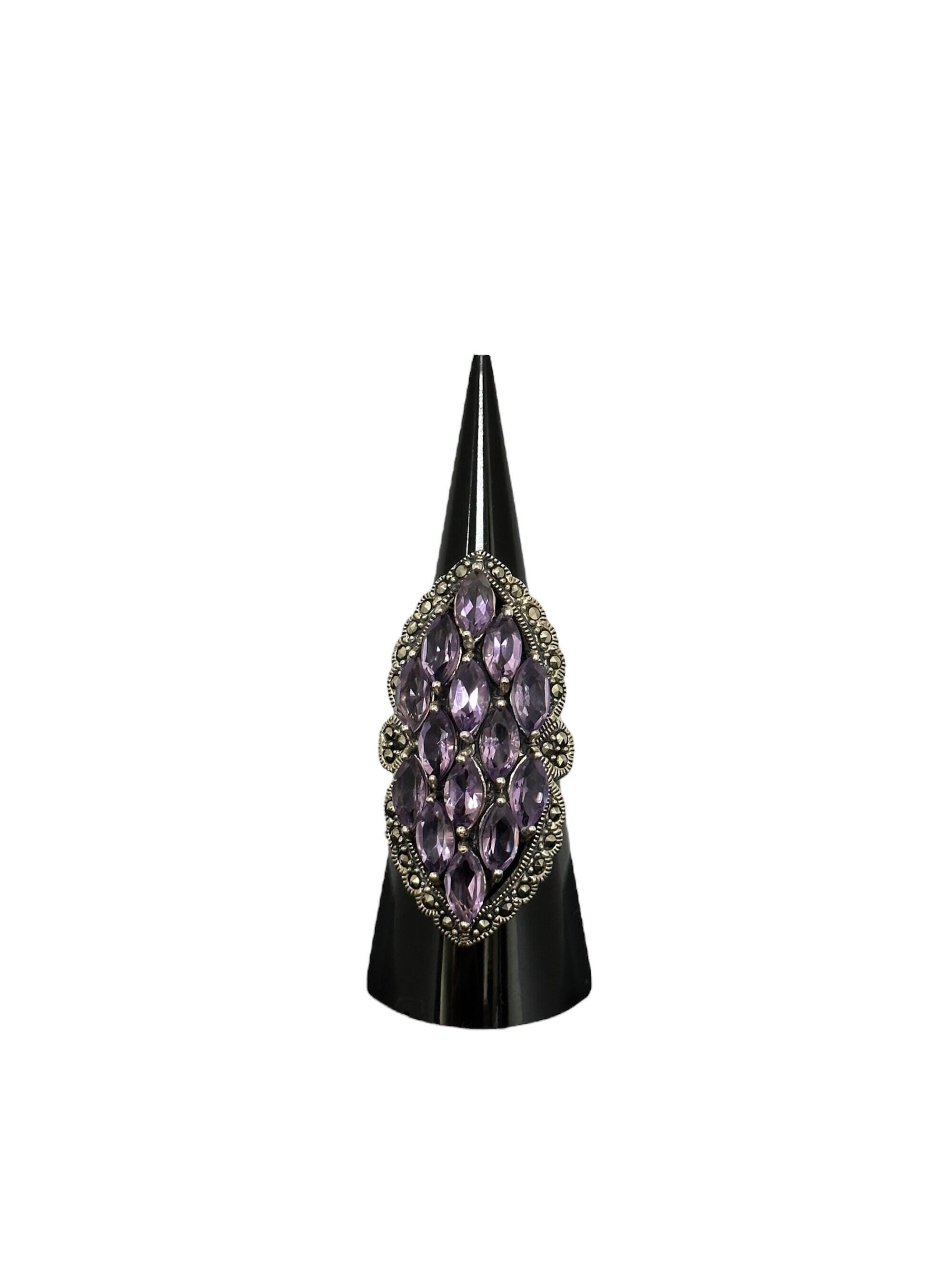 Sterling Silver Amethyst Marcasite Ring - Statement Ring Size 7.5