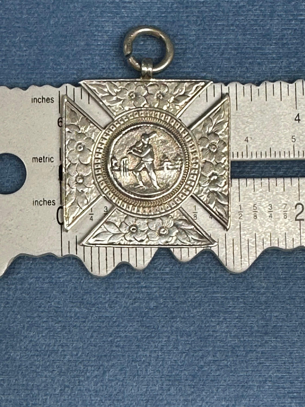Sterling Silver Hallmarked Cricket Medal with Floral Accent