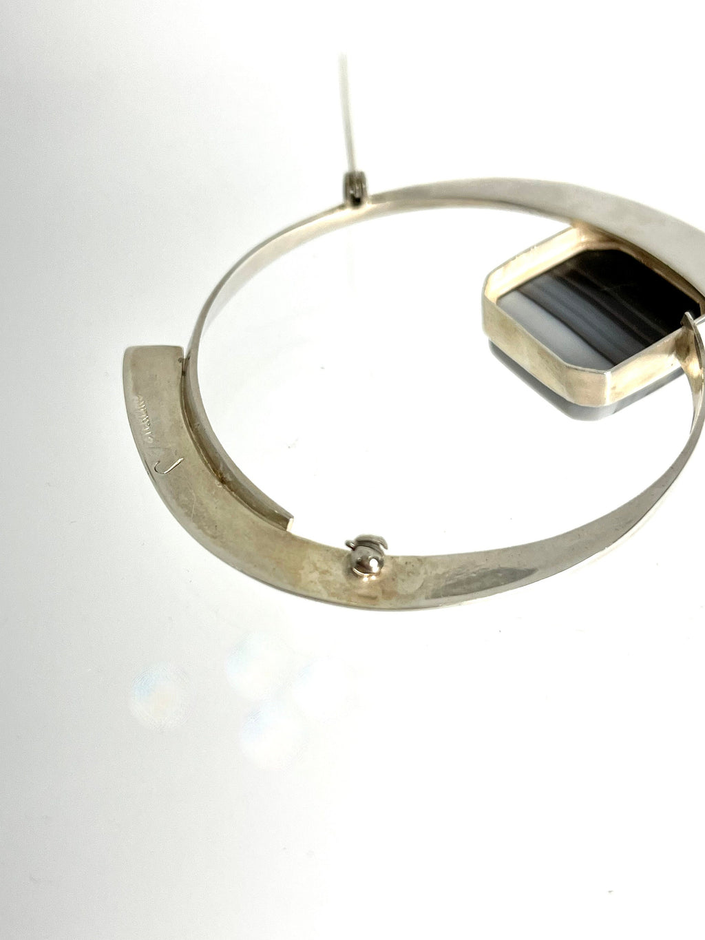 Vintage Banded Agate Brooch: Signed Sterling Silver Pin