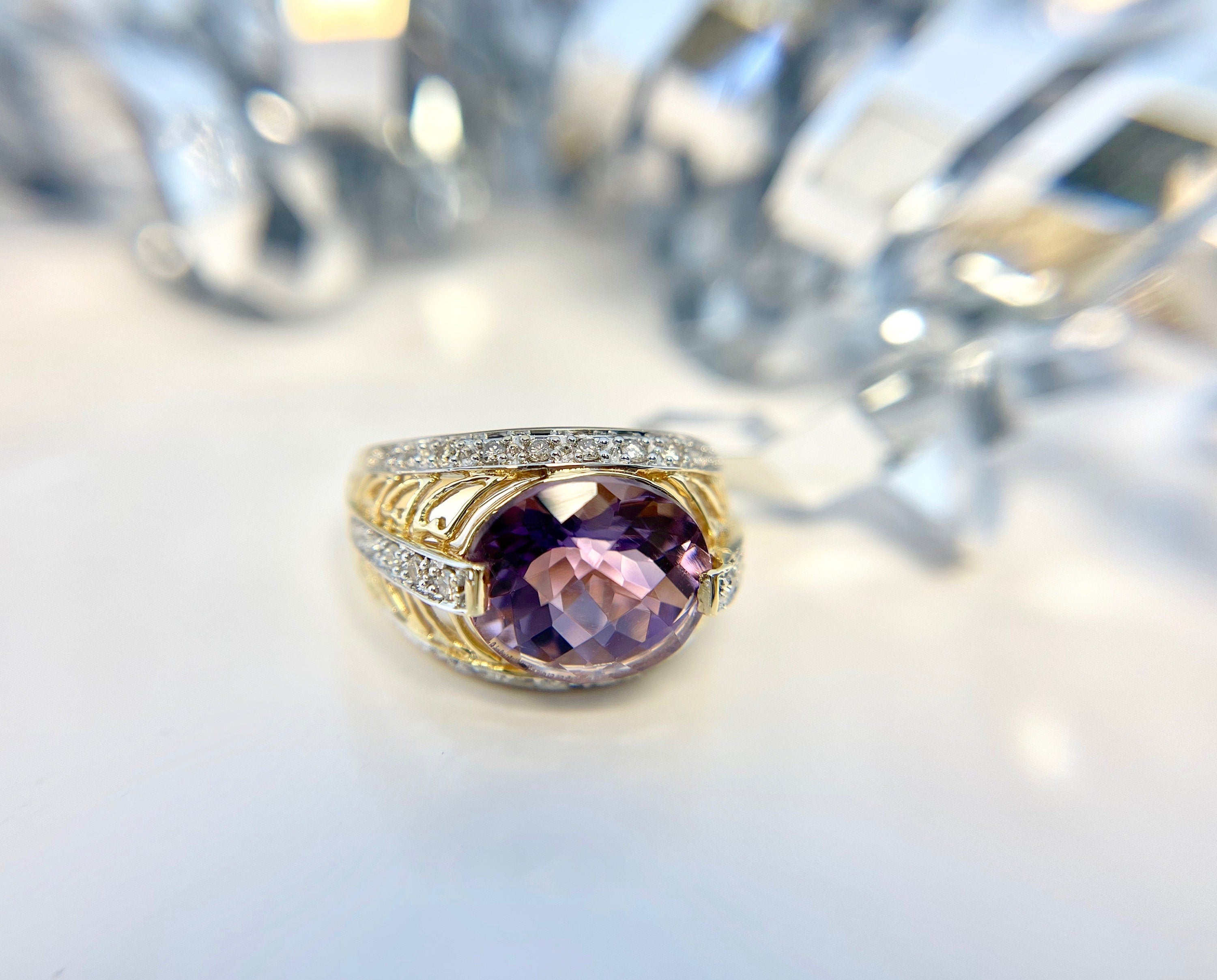 Vintage Yellow Gold Amethyst Diamond Ring - Filigree Design
