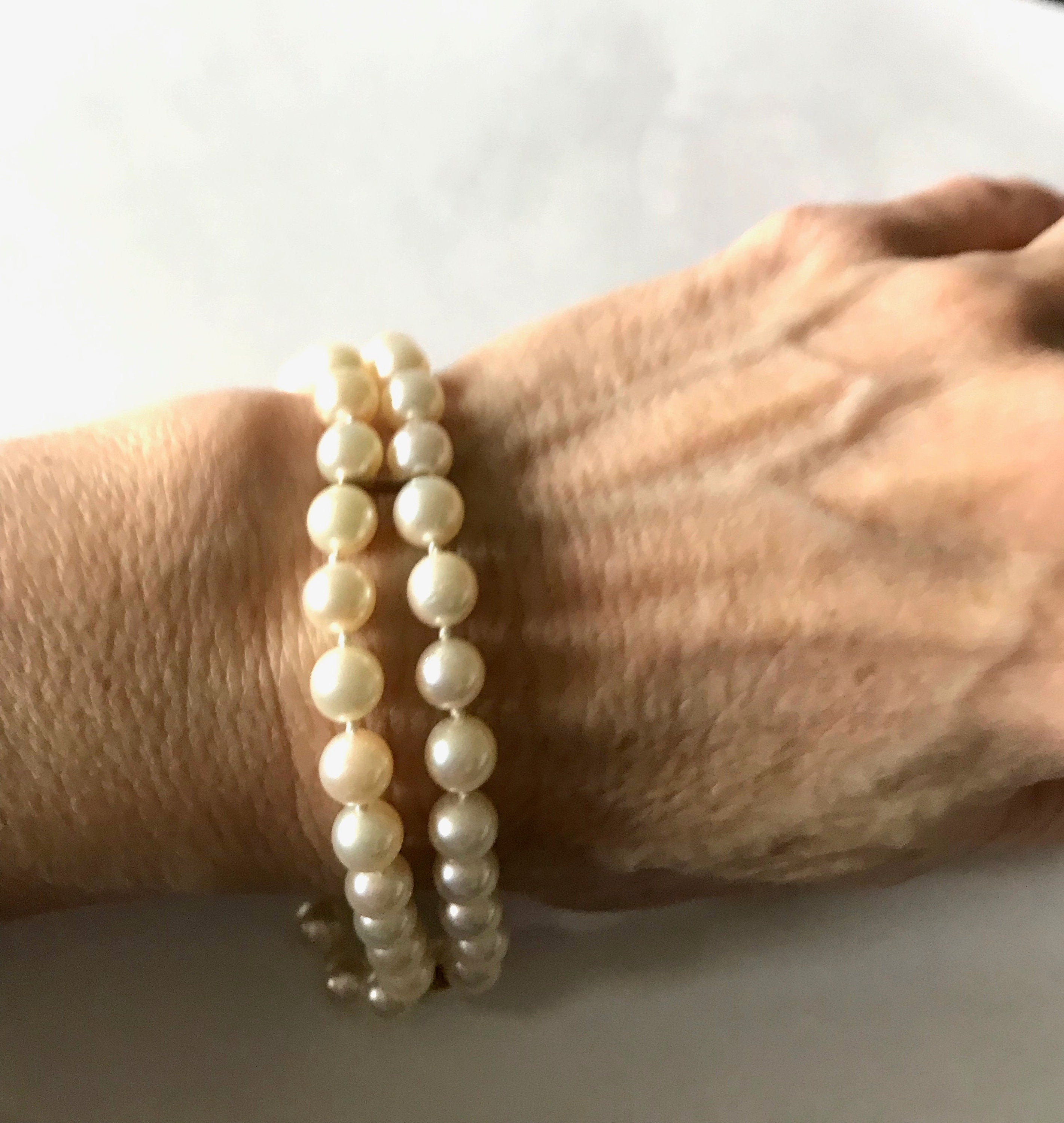 Vintage 14K Gold Double Strand Pearl Bracelet: 6.5-7mm Cultured Pearls