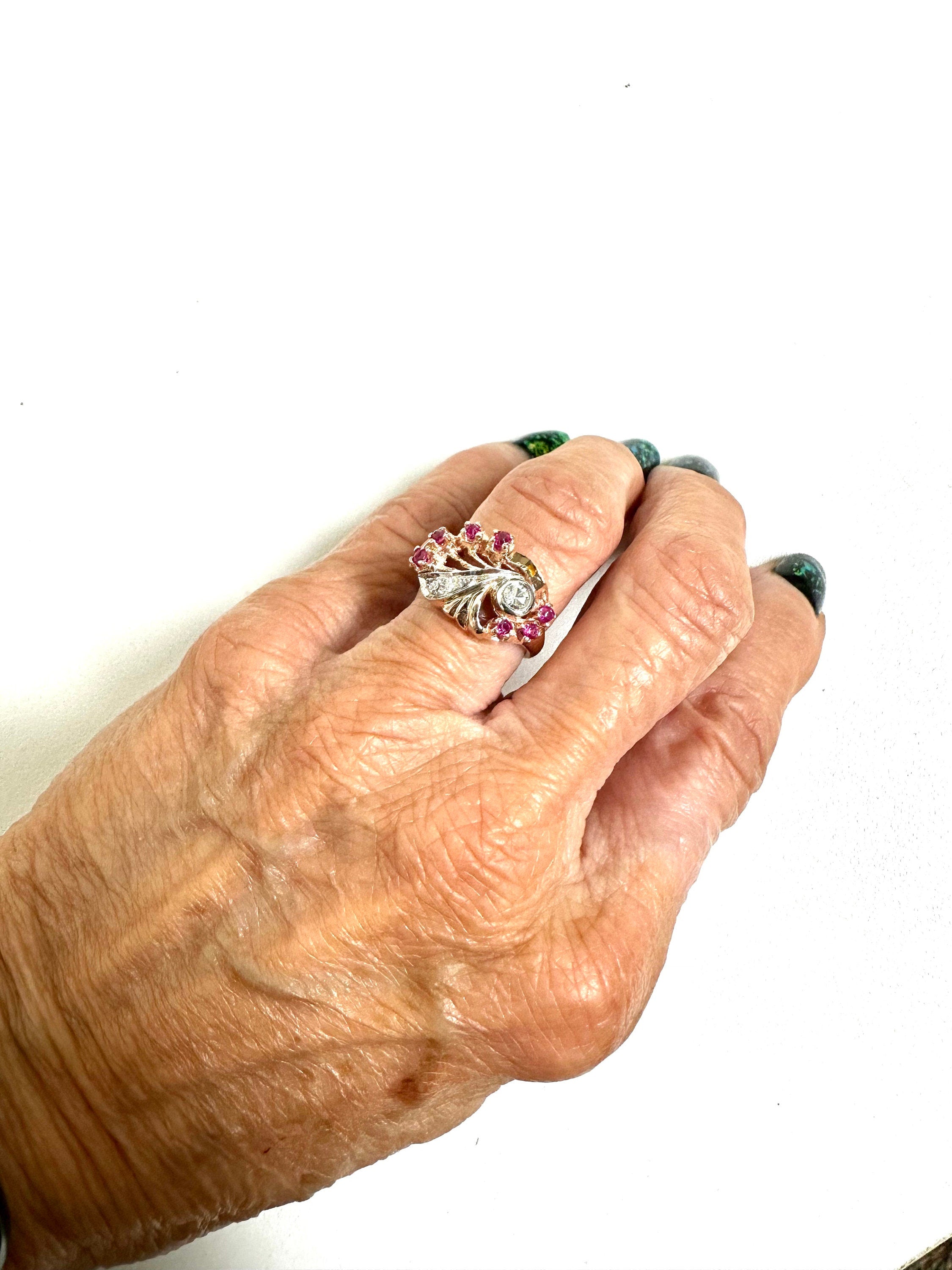 Vintage 14K Yellow-Pinkish Gold Ruby and Diamond Retro Ring - Cocktail Jewelry