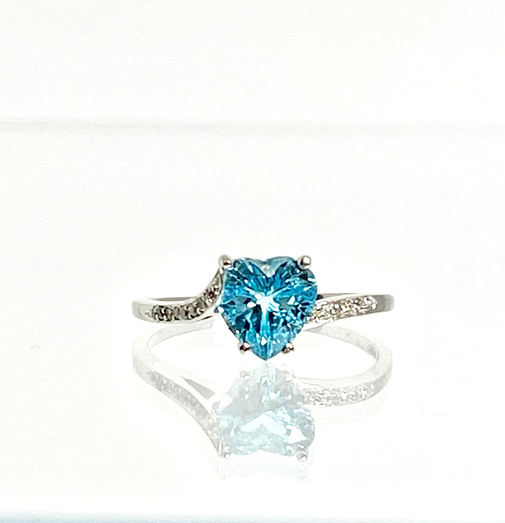 14K White Gold Heart Blue Topaz Ring with Diamond Accents