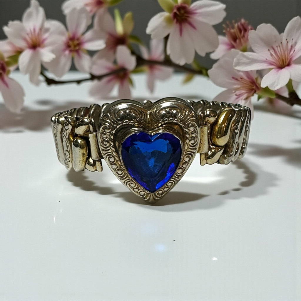 Antique Glass Heart Gold Sterling Silver Sweetheart Expansion Bracelet-1930s-40s