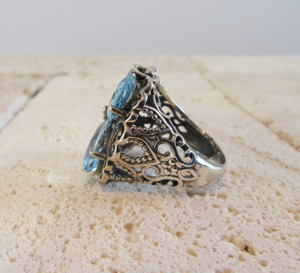 Sterling Silver Blue Topaz Ring, Blue Topaz Ring, Filigree Blue Topaz Ring, Silver Filigree Ring, Statement Ring, Sterling Statement Ring