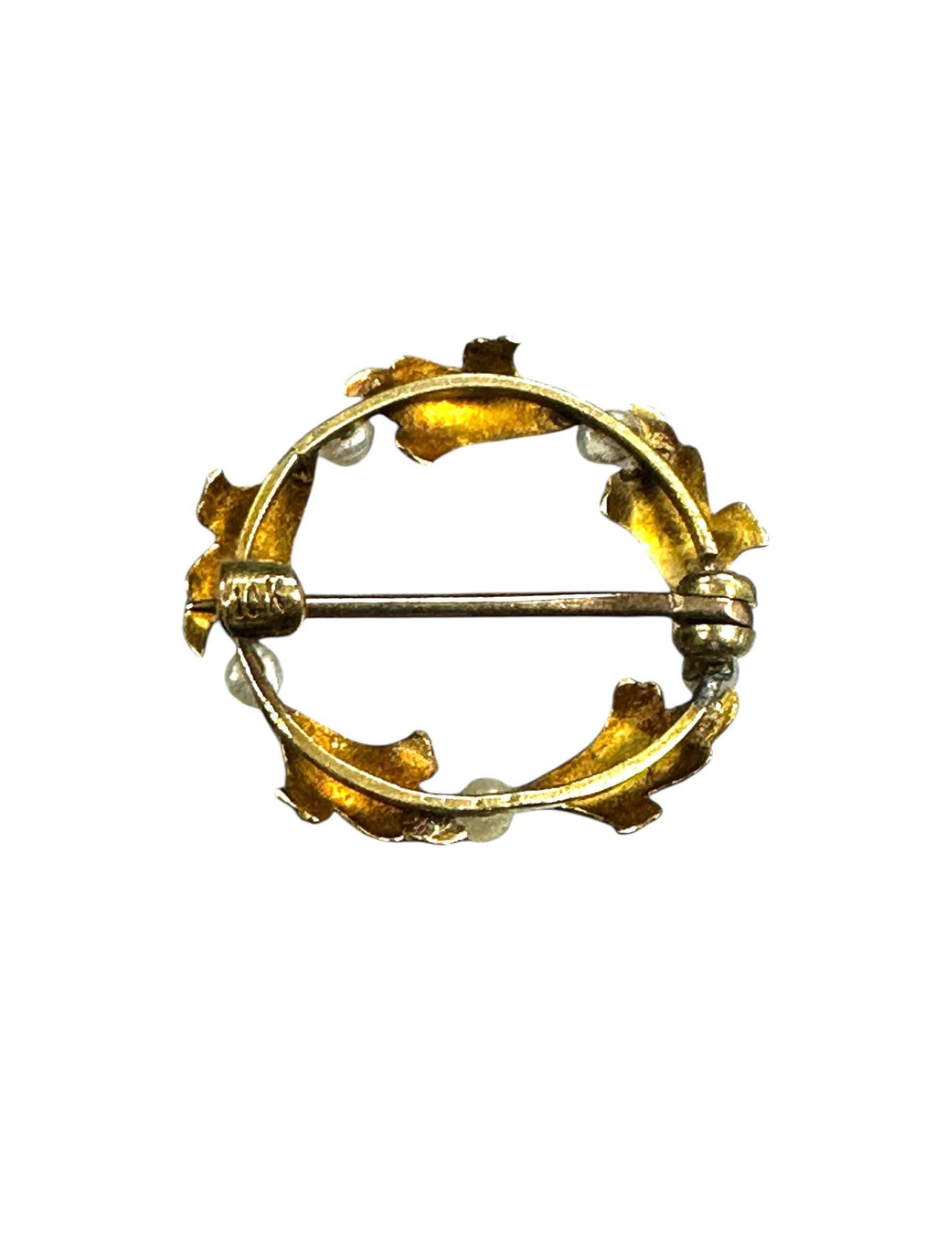 Delicate 10 Karat Yellow Gold Enamel Seed Pearl Wreath Pin/Brooch