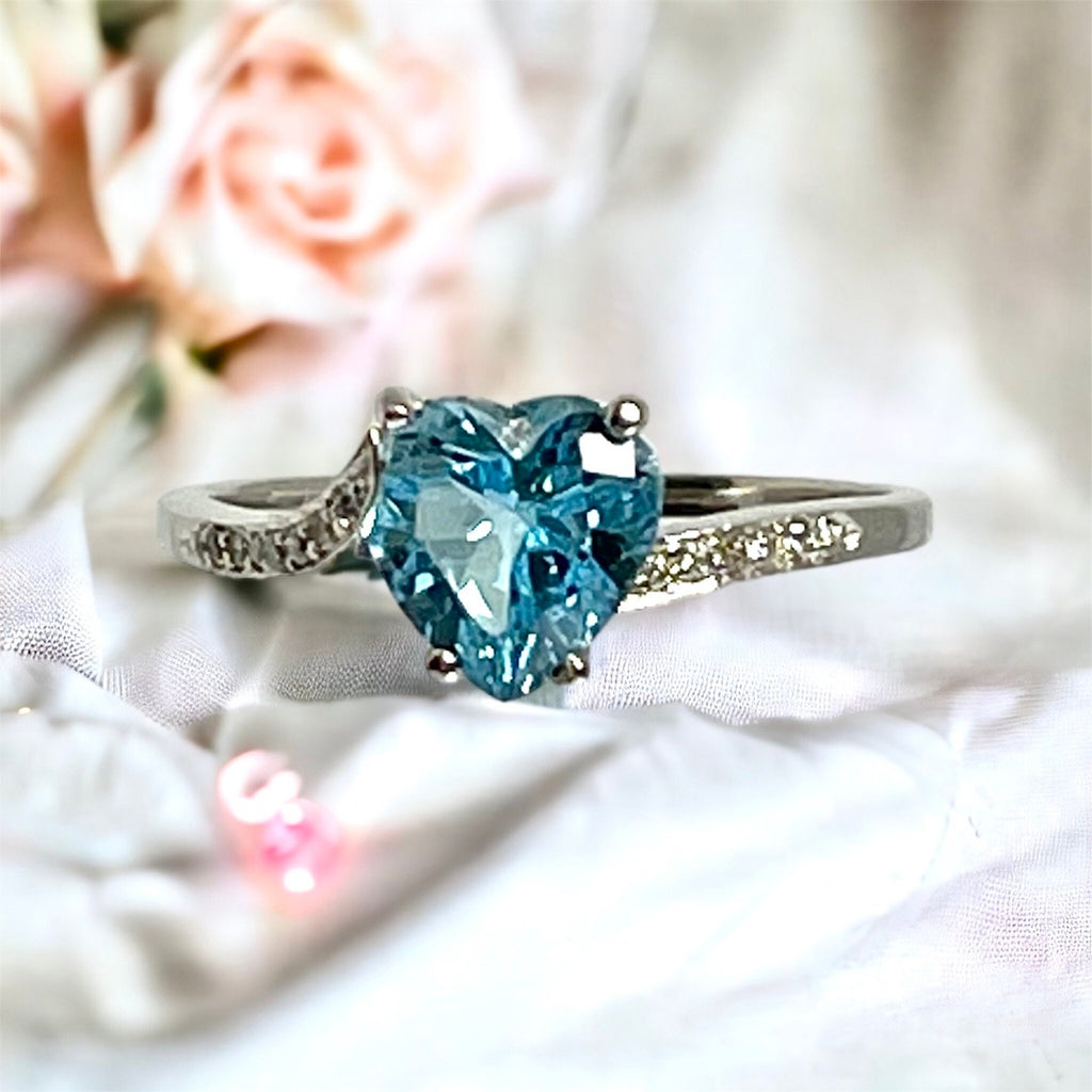 14K White Gold Heart Blue Topaz Ring with Diamond Accents