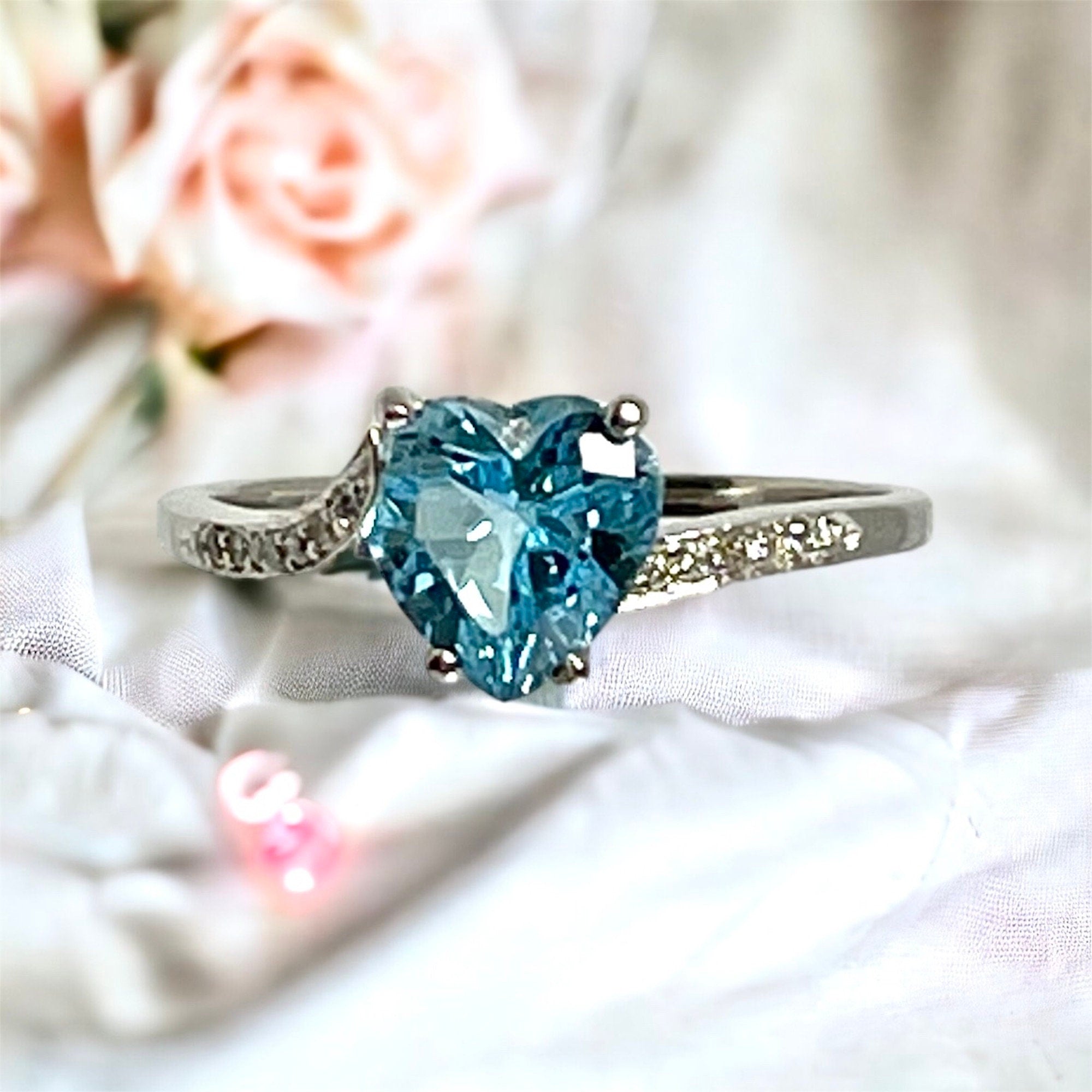 14K White Gold Heart Blue Topaz Ring with Diamond Accents