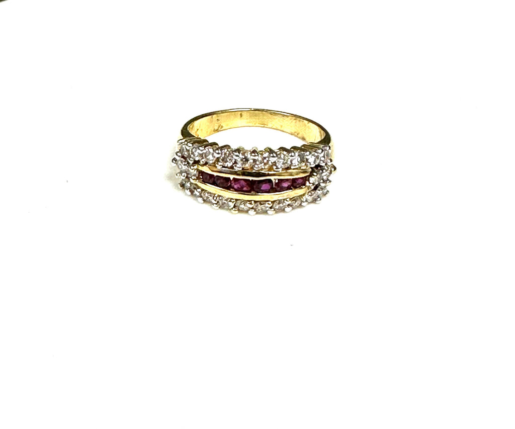 14K Yellow Gold Ruby Diamond Stacking Ring, Estate Vintage Straight Line Band