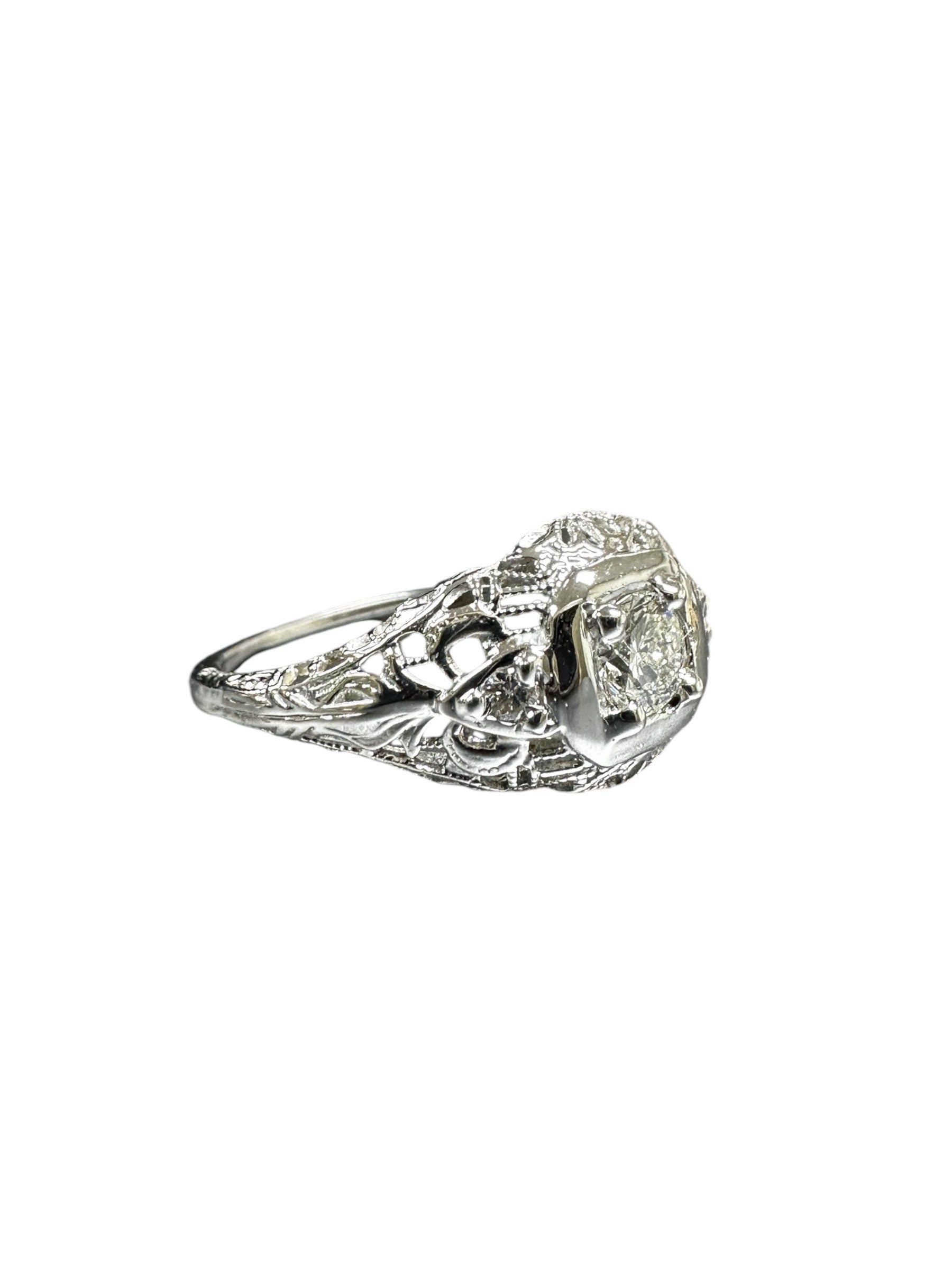 Vintage 18K White Gold Diamond Ring - Elegant Edwardian Filigree