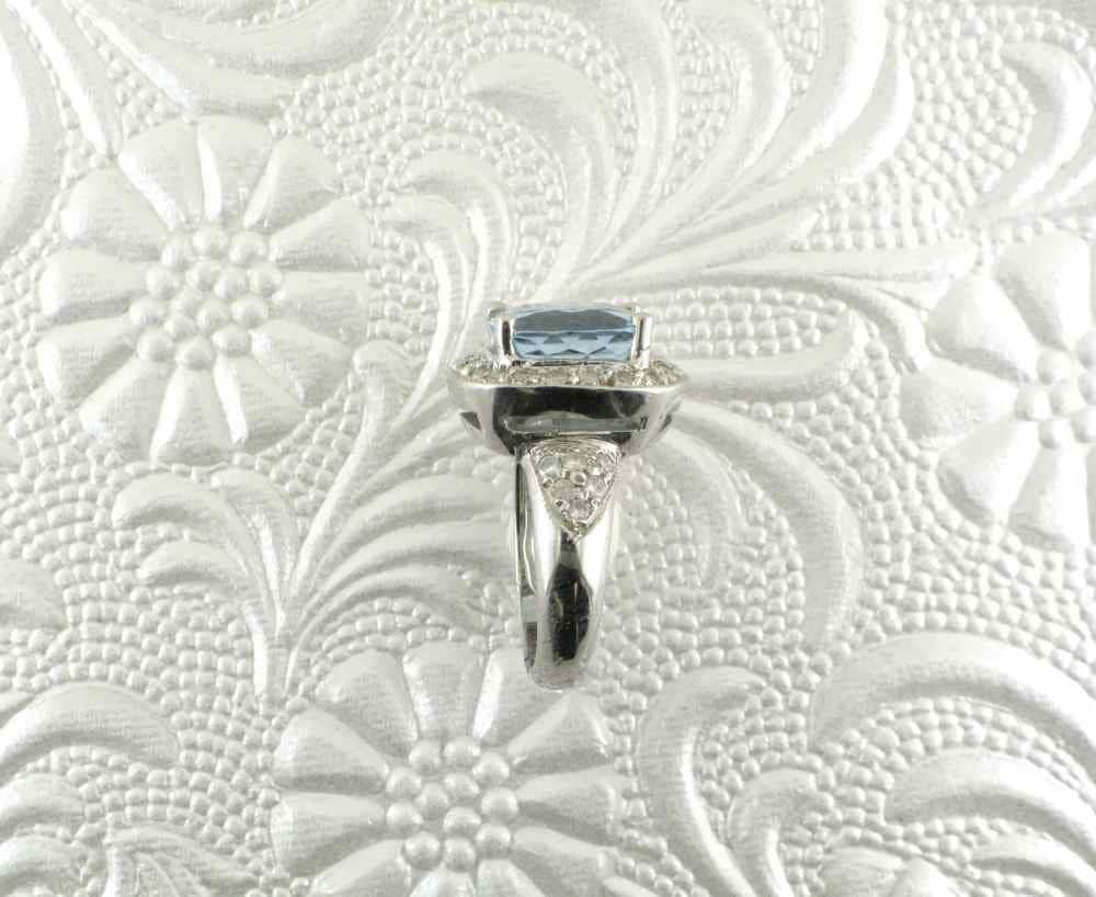 Vintage Aquamarine Diamond Halo Ring, 14k White Gold Cocktail Ring