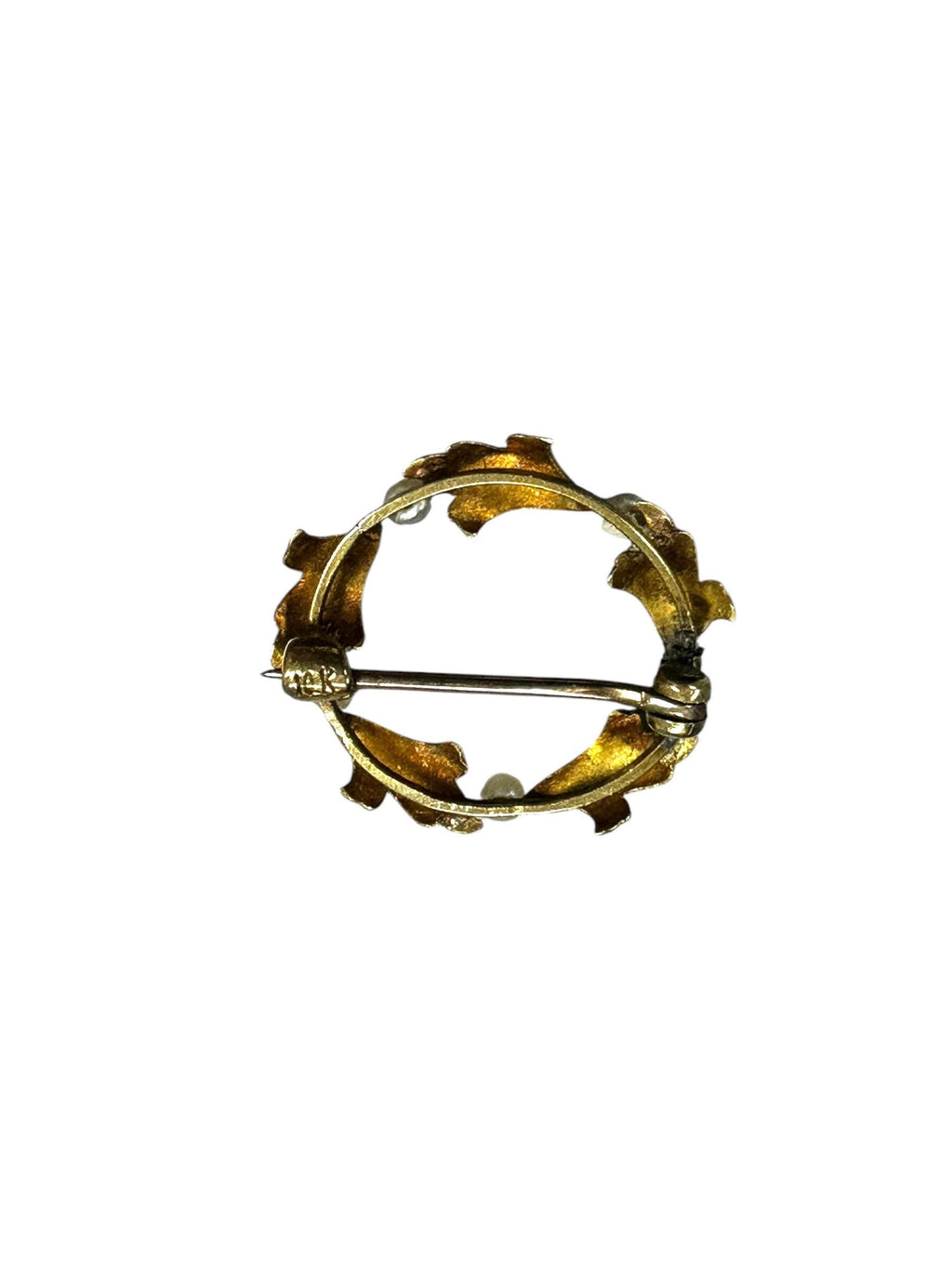 Delicate 10 Karat Yellow Gold Enamel Seed Pearl Wreath Pin/Brooch