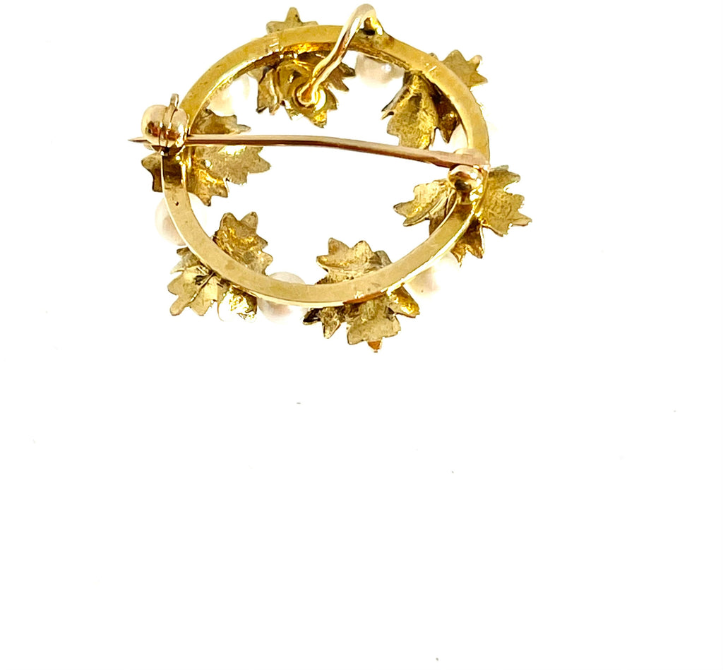 14k Gold Leaf Wreath Brooch: Vintage Cultured Pearl Pin/Pendant