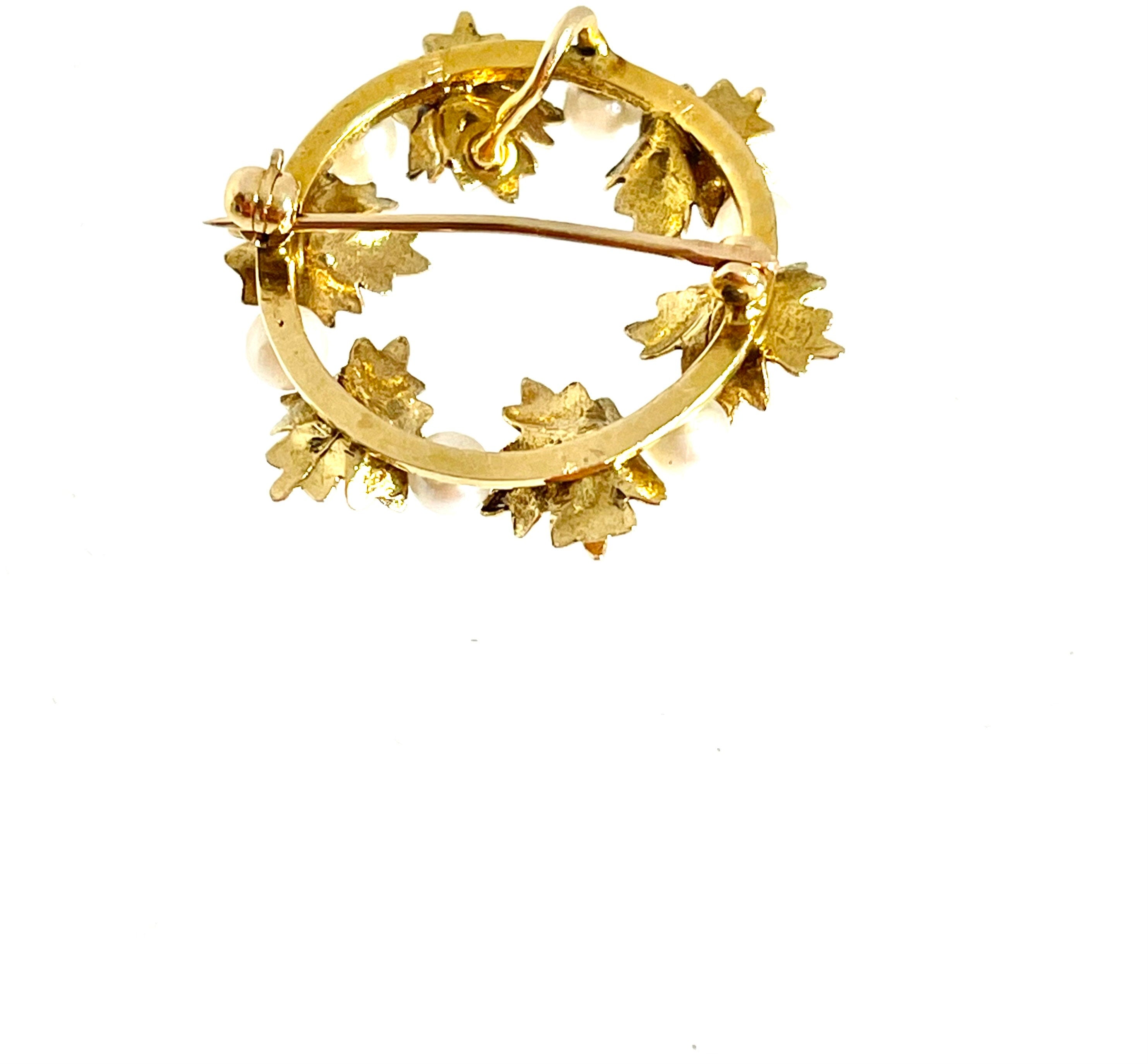14k Gold Leaf Wreath Brooch: Vintage Cultured Pearl Pin/Pendant