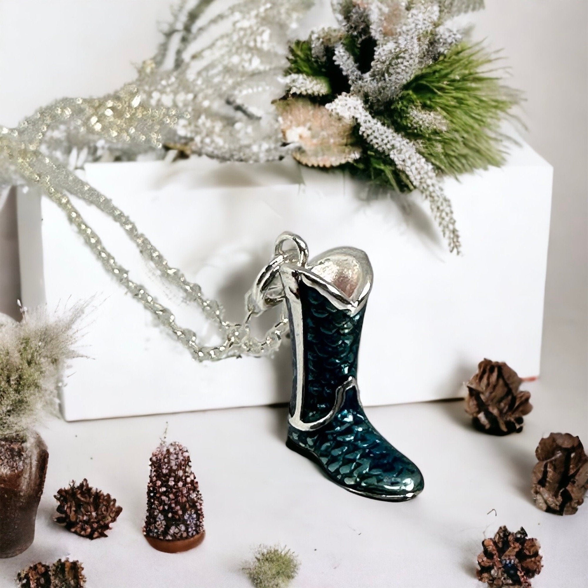 Enamel Cowboy Boot Necklace: Sterling Silver Western Pendant