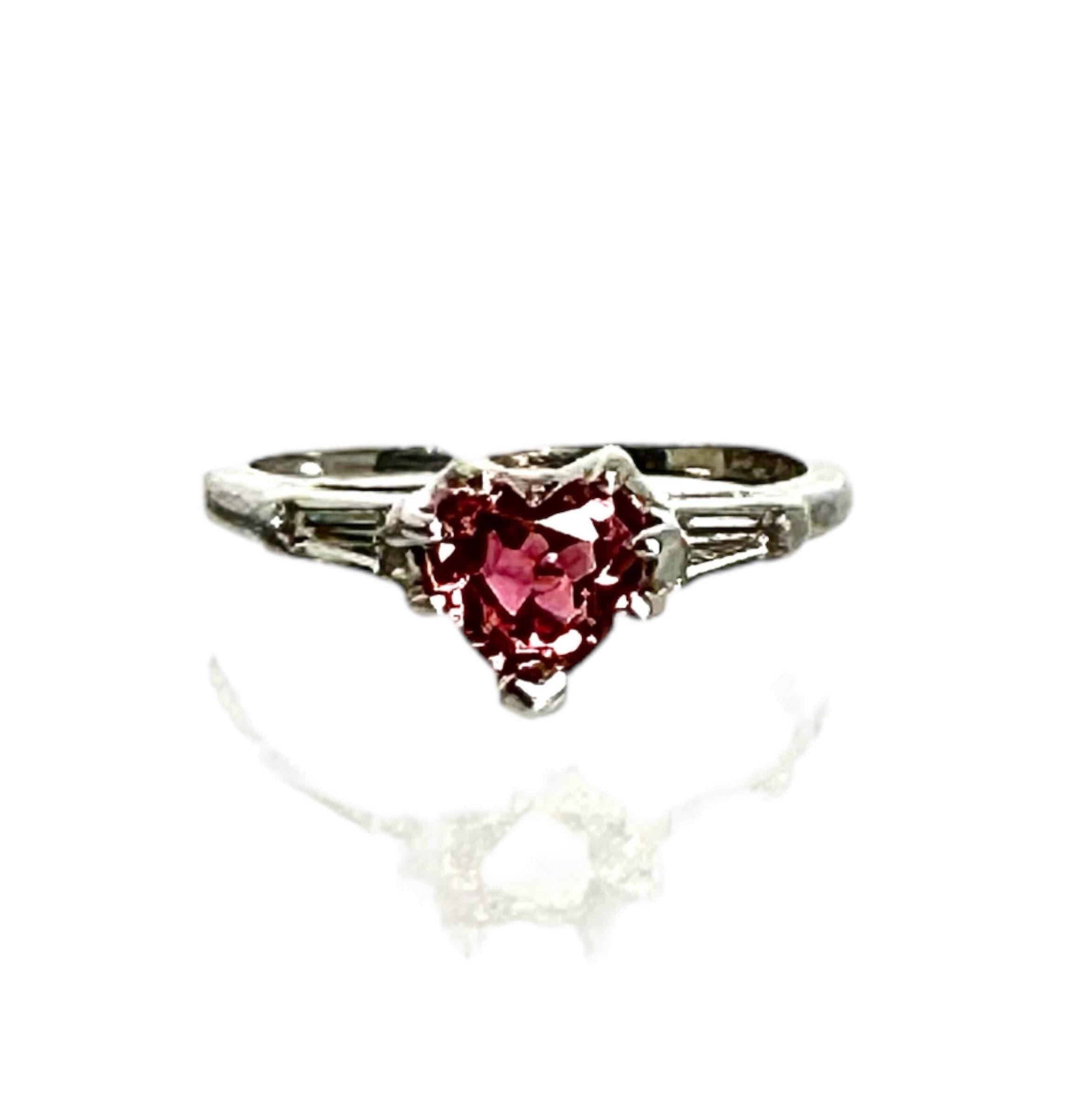 Unique 14K White Gold Heart Shaped Pink Tourmaline Ring with Baguette Diamond Accents