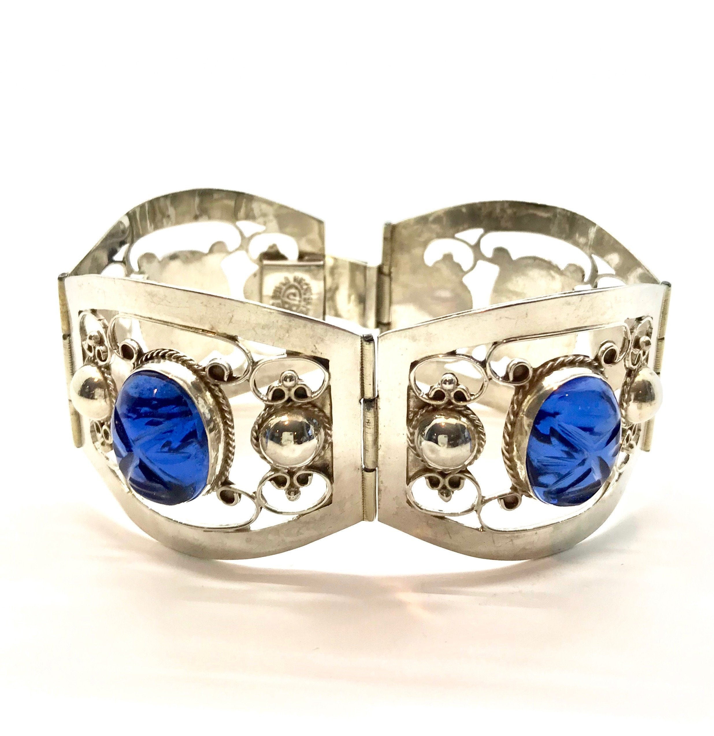 Sterling Silver Mexican Bracelet & Earring Set: Blue Carved Glass Filigree
