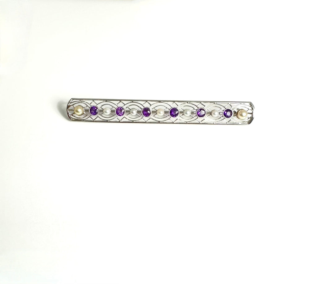 18K White Gold Bar Brooch: Amethyst & Cultured Pearl Pin
