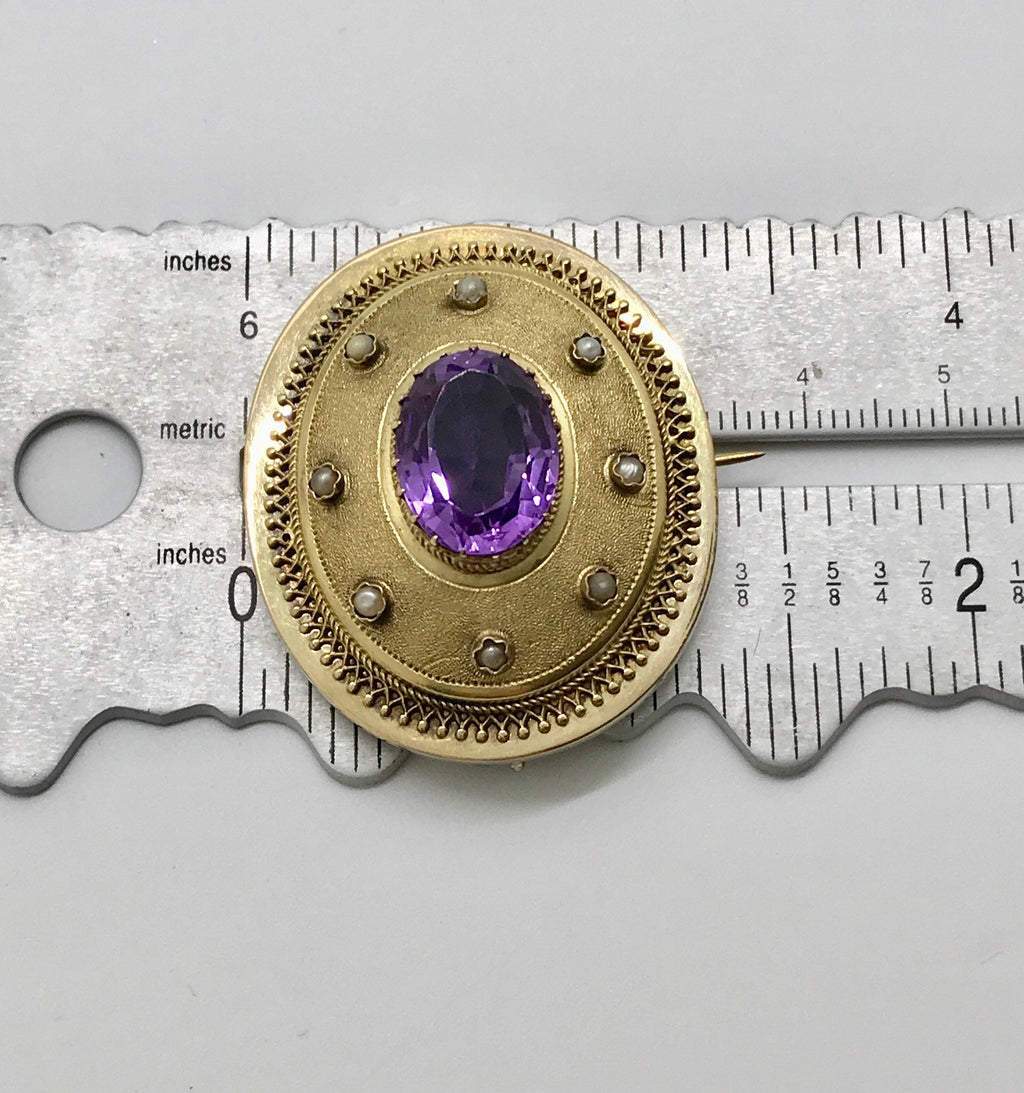 Antique 14k Yellow Gold Amethyst Pearl Brooch: Satin Finish Pin
