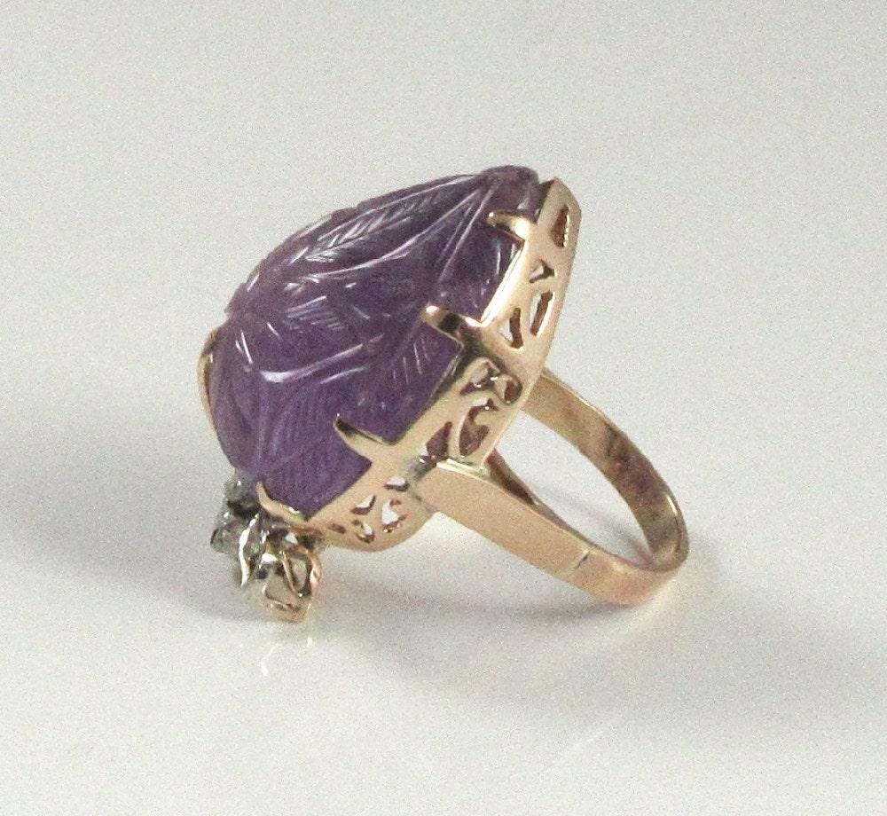 1970s Carved Amethyst Diamond Ring: 14k Gold Statement Ring, Size 6.5