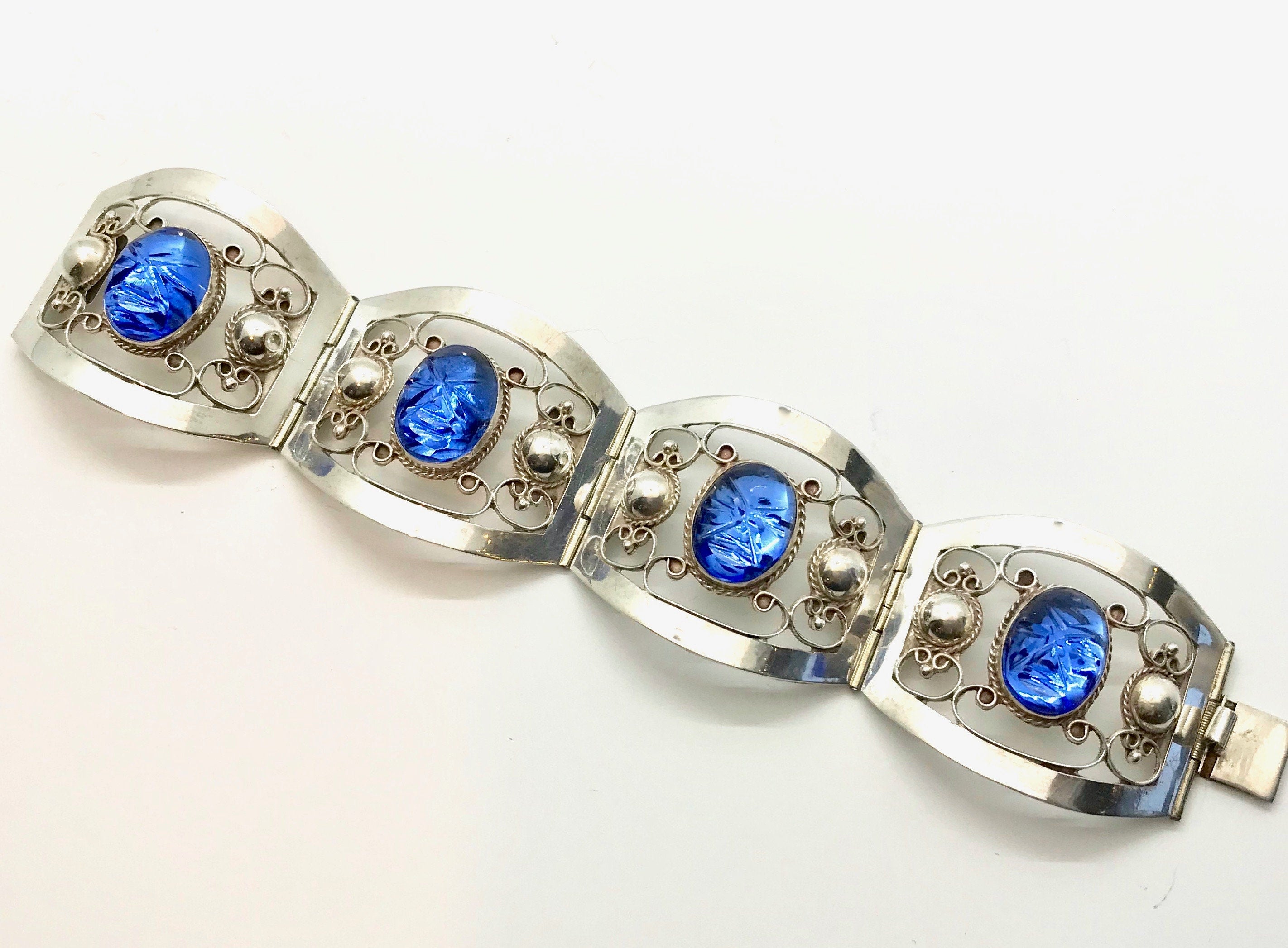 Sterling Silver Mexican Bracelet & Earring Set: Blue Carved Glass Filigree