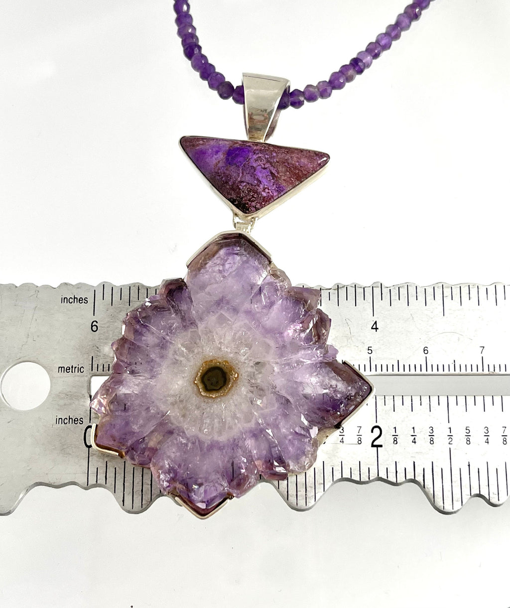 Vintage Sterling Silver Amethyst Stalactite Slice Pendant with Sugilite