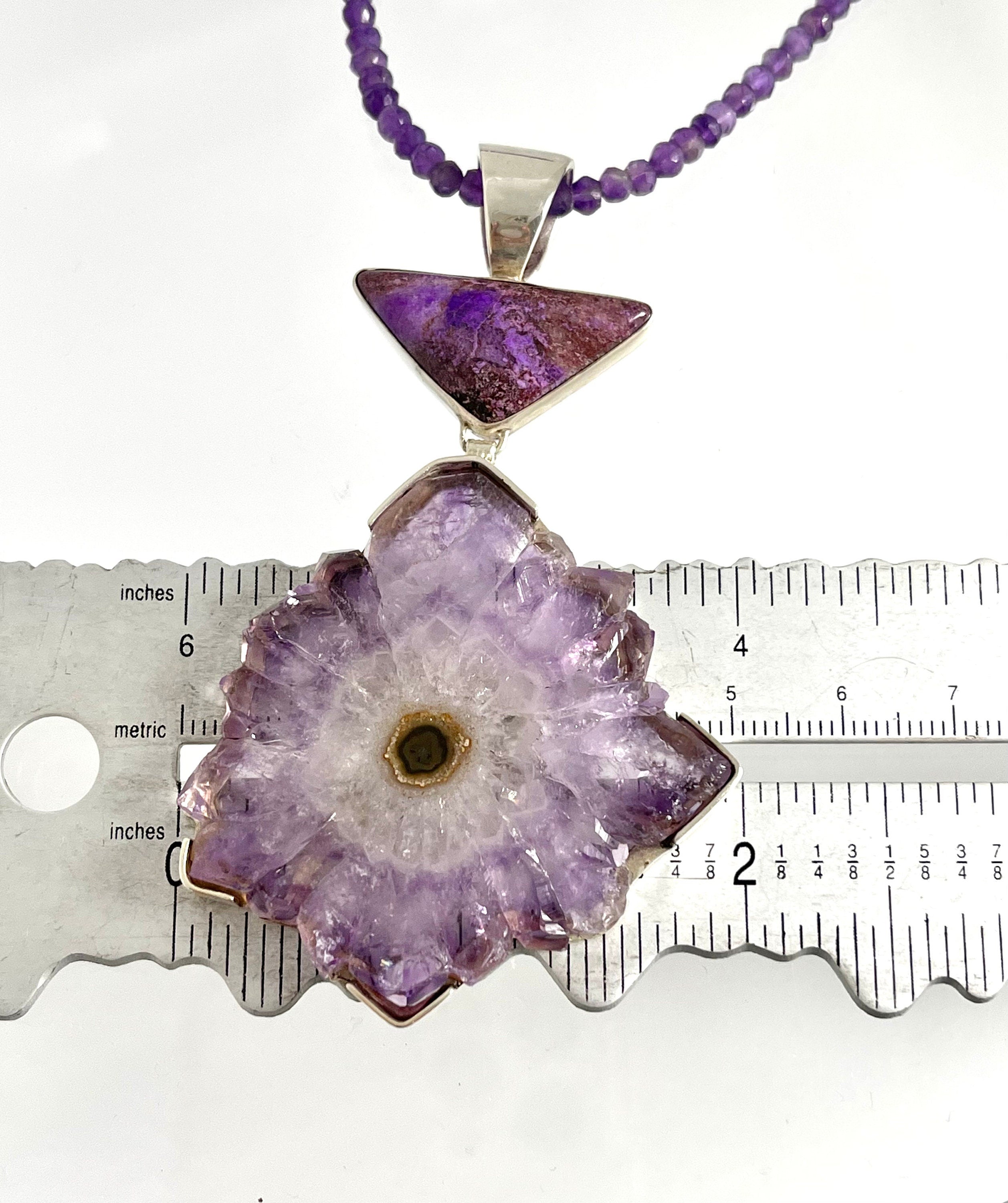 Vintage Sterling Silver Amethyst Stalactite Slice Pendant with Sugilite