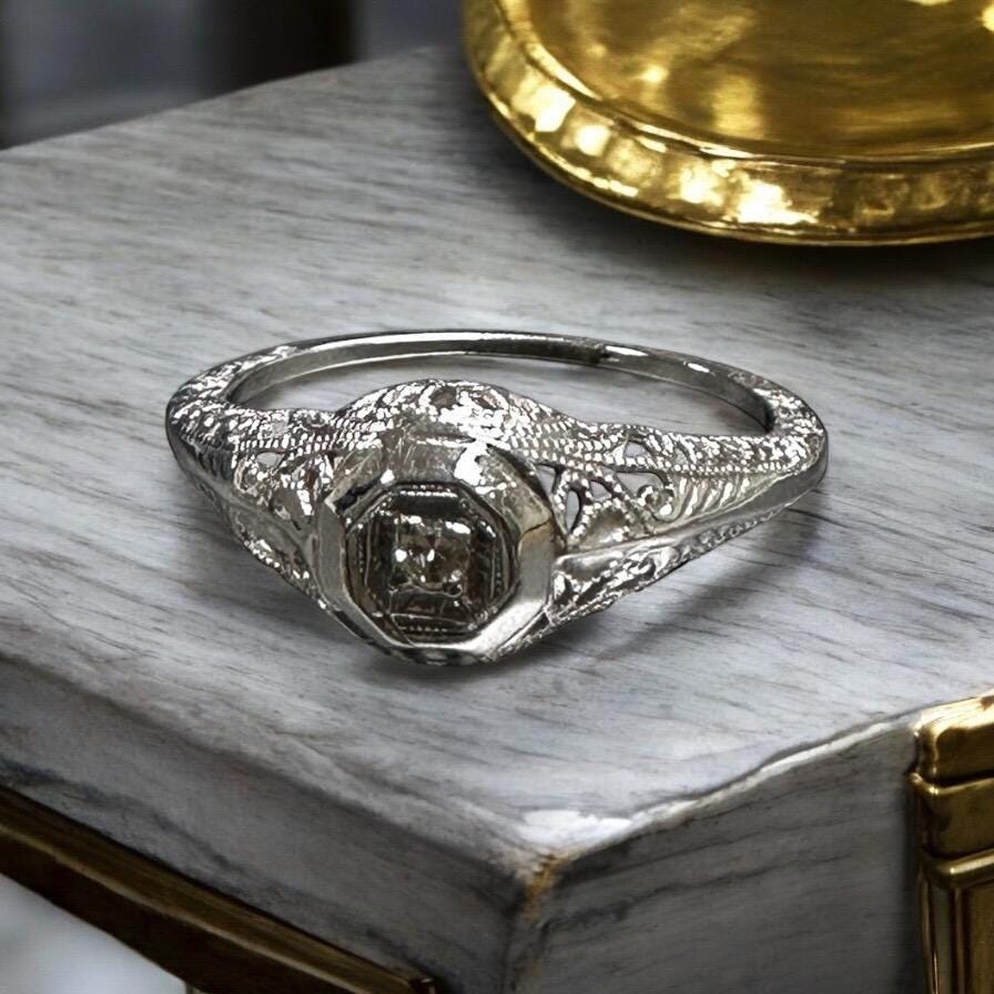 Edwardian Filigree Diamond Ring in 14K White Gold - Elegant Vintage Style