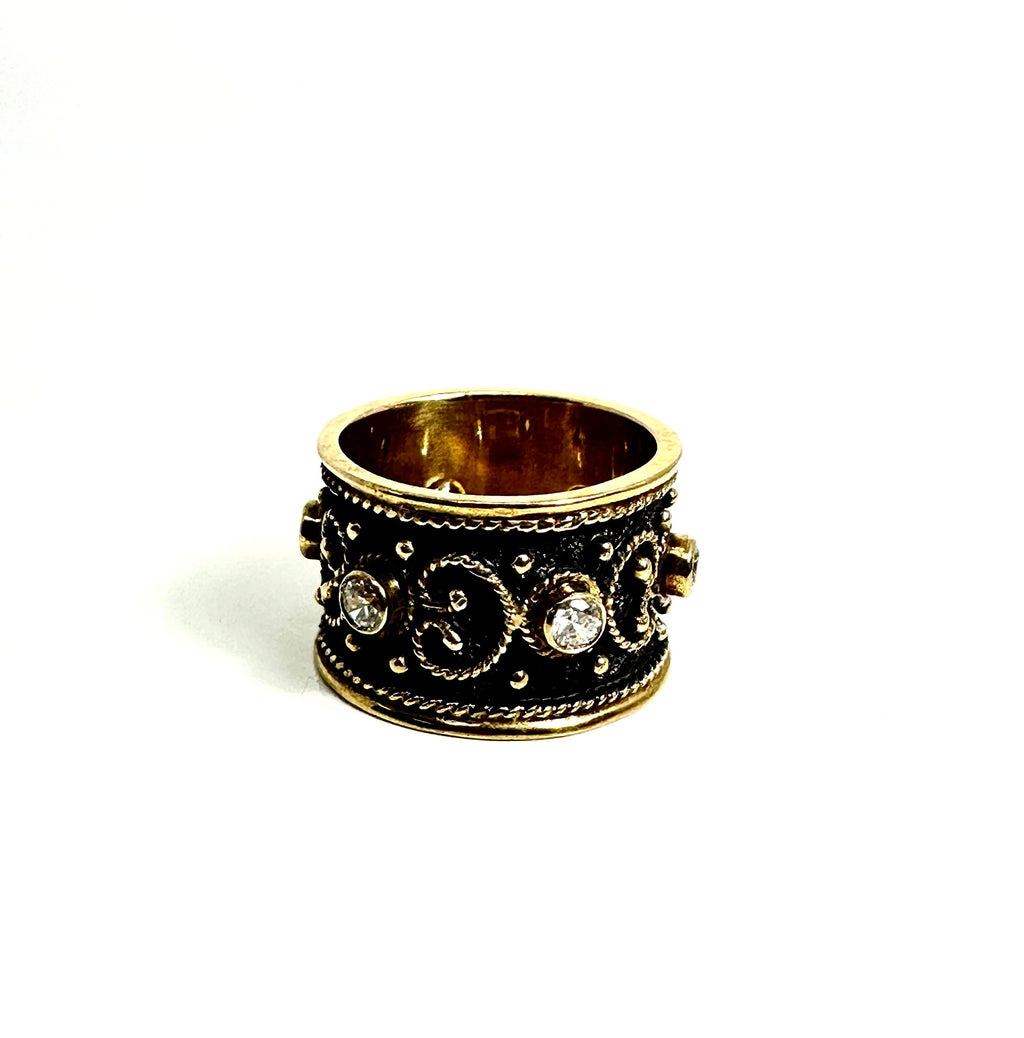 Hand Crafted Oxidized Sterling Silver Ring with Gold Plated Accents and Cubic Zirconia